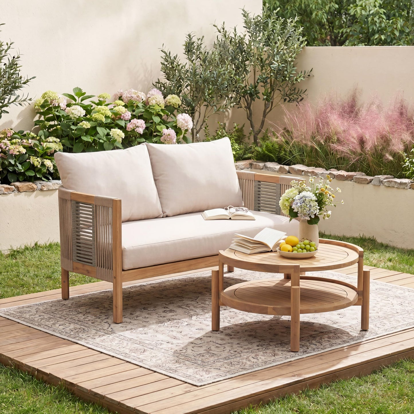 Christopher Knight Home Outdoor Acacia Wood Loveseat with Coffee Table, Acacia Wood Patio Furniture, Outdoor Conversation Sofa Set, Patio Sectional Chat Set for Backyard Balcony, Teak+ Beige