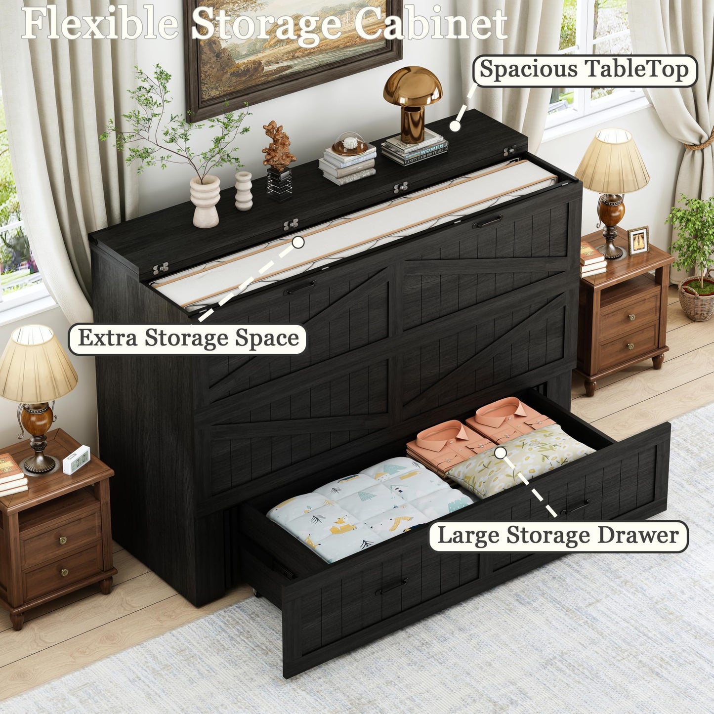 Bvldfamly Full Murphy Bed with Charging Station, Farmhouse Noisy-Free Foldable Cabinet Bed Frame with Storage Drawer, Space Saving Hideaway Wall Bed for Guest Bedroom, Living Room, Office, Black