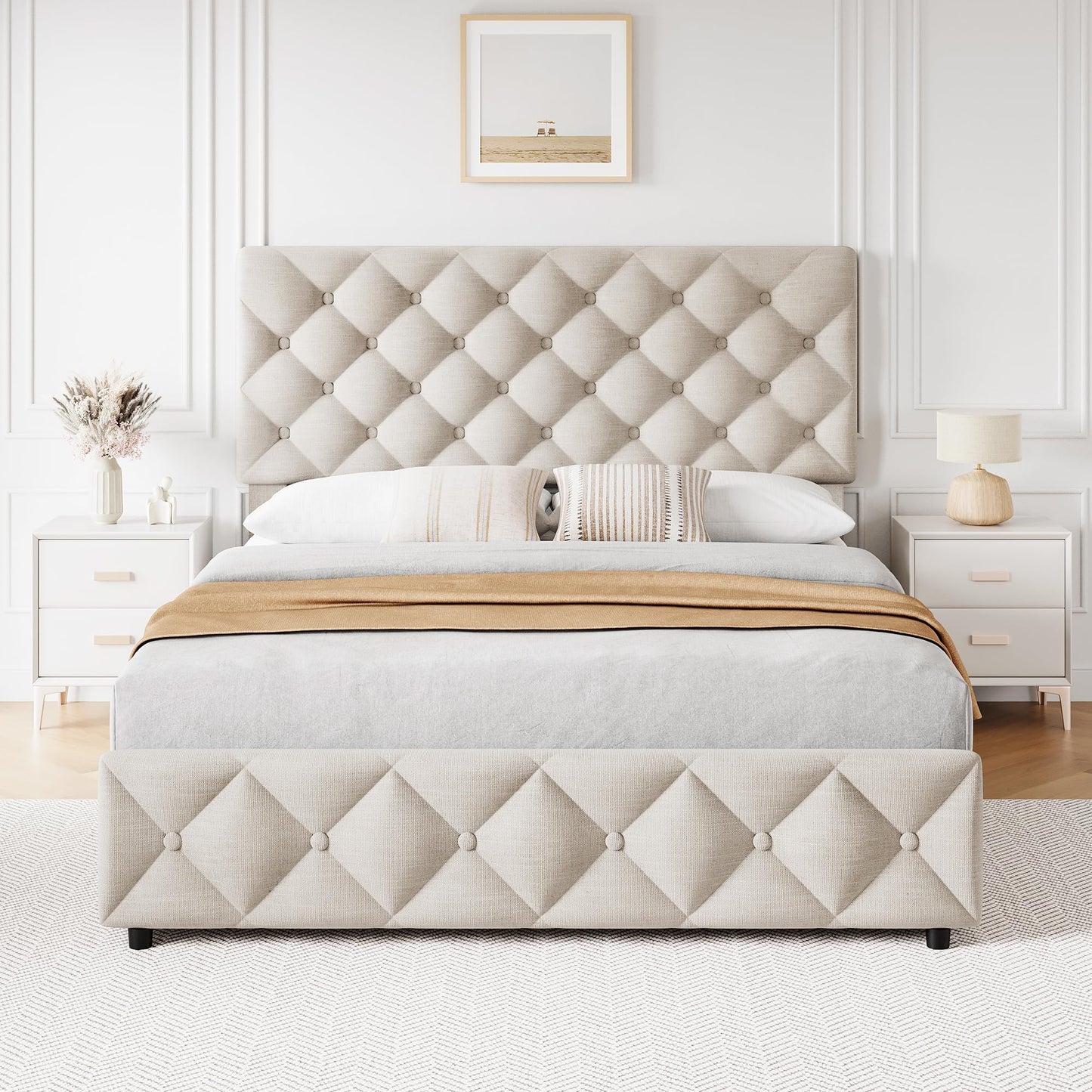 IDEALHOUSE Full Size Bed Frame with 4 Drawers, Upholstered Platform Bed Frame with Headboard, Wooden Slat, No Box Spring Need, Beige