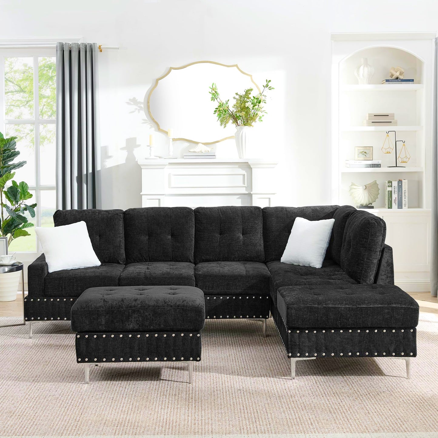 ERYE 102-Inch L-Shaped Corner Sectional Sofa Chenille Upholstered Tufted Corner Sofa Couch with Storage Ottoman and Nailhead Decor,Modern L-Shaped Convertible Couches