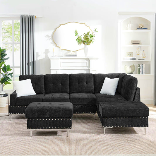 ERYE 102-Inch L-Shaped Corner Sectional Sofa Chenille Upholstered Tufted Corner Sofa Couch with Storage Ottoman and Nailhead Decor,Modern L-Shaped Convertible Couches