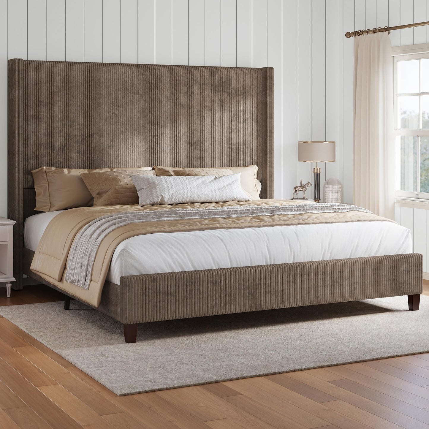 HOWE King Size Bed Frame with 61.4" Extra Tall Headboard, Corduroy Upholstered Bed with Vertical Wingback Headboard, No Box Spring Needed/Noise Free/Solid Wood Slats & Legs/Brown