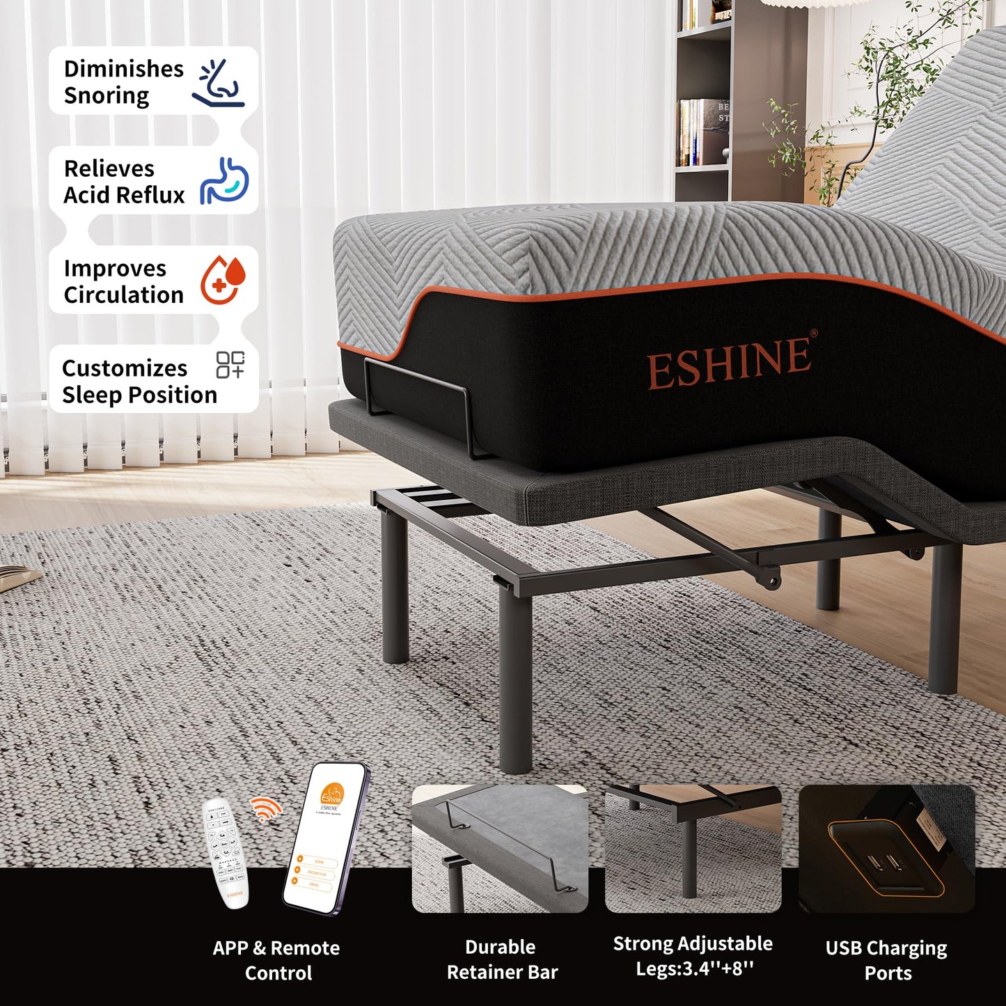 ESHINE 3100 Series Adjustable Bed Frame with 14 inch Ultra-Plush Black Mattress - Split King