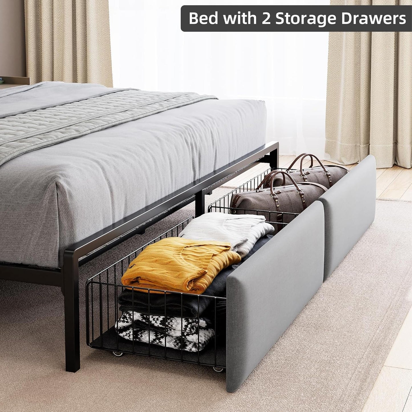 IDEALHOUSE King Size Bed Frame with Storage Headboard and 2 Drawers, Platform Metal King Bed Frame with LED Lights and Charging Station, Noise Free, No Box Spring Needed, Grey