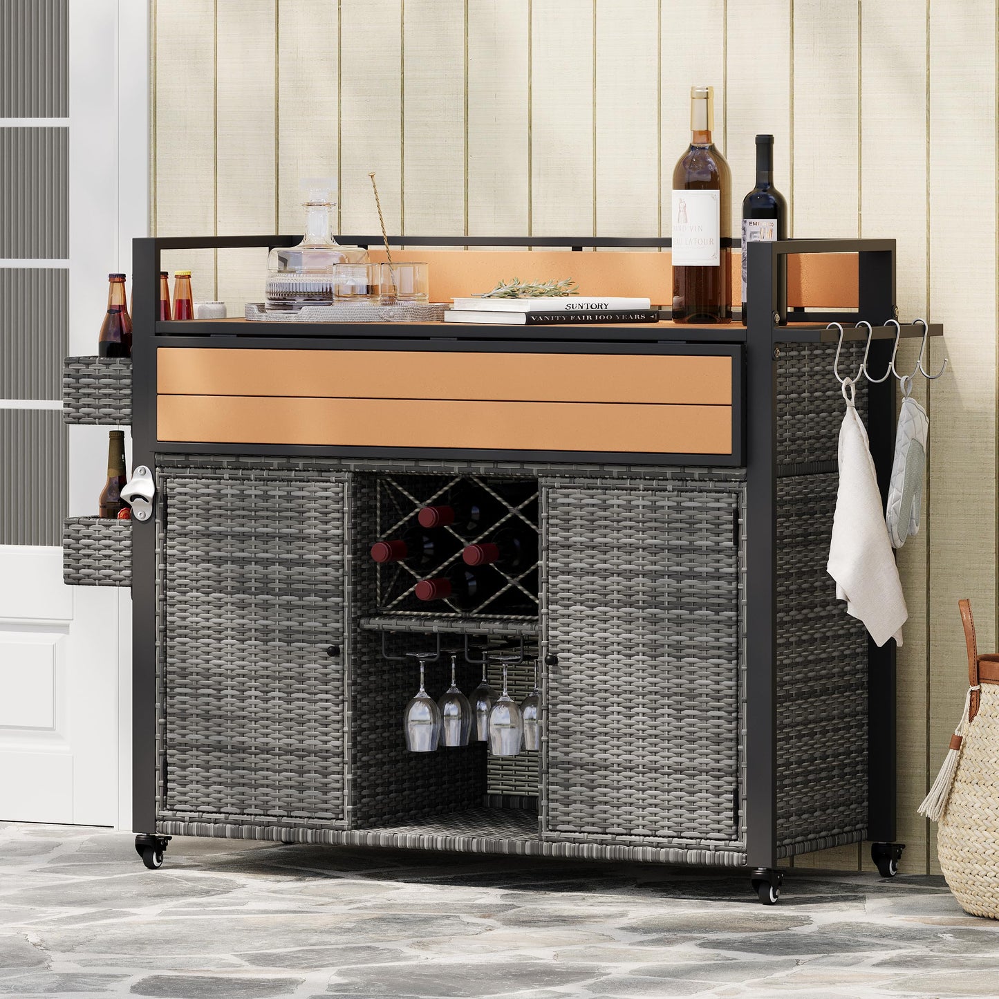 YOPTO 52.8" W Wicker Outdoor Grill Cart with Extended Poly-Wood Table Top - Drop Leaf Design,7 Shelves & Wine Rack,Rolling Kitchen Island on Lockable Wheels,for Patio,Backyard,Poolside & Garden,Grey