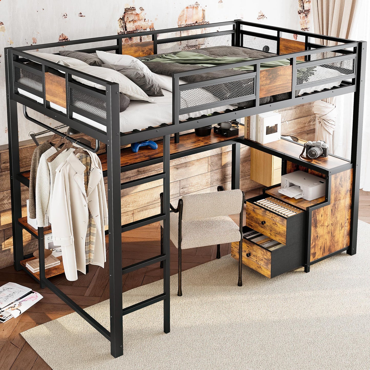 Bellemave Full Loft Bed with L-Shaped Desk and Storage Drawers, Full Size Loft Bed Frame with Computer Monitor Stand, Corner Shelf and Hanger Rod, Adults Loft Beds Nosie-Free, Black