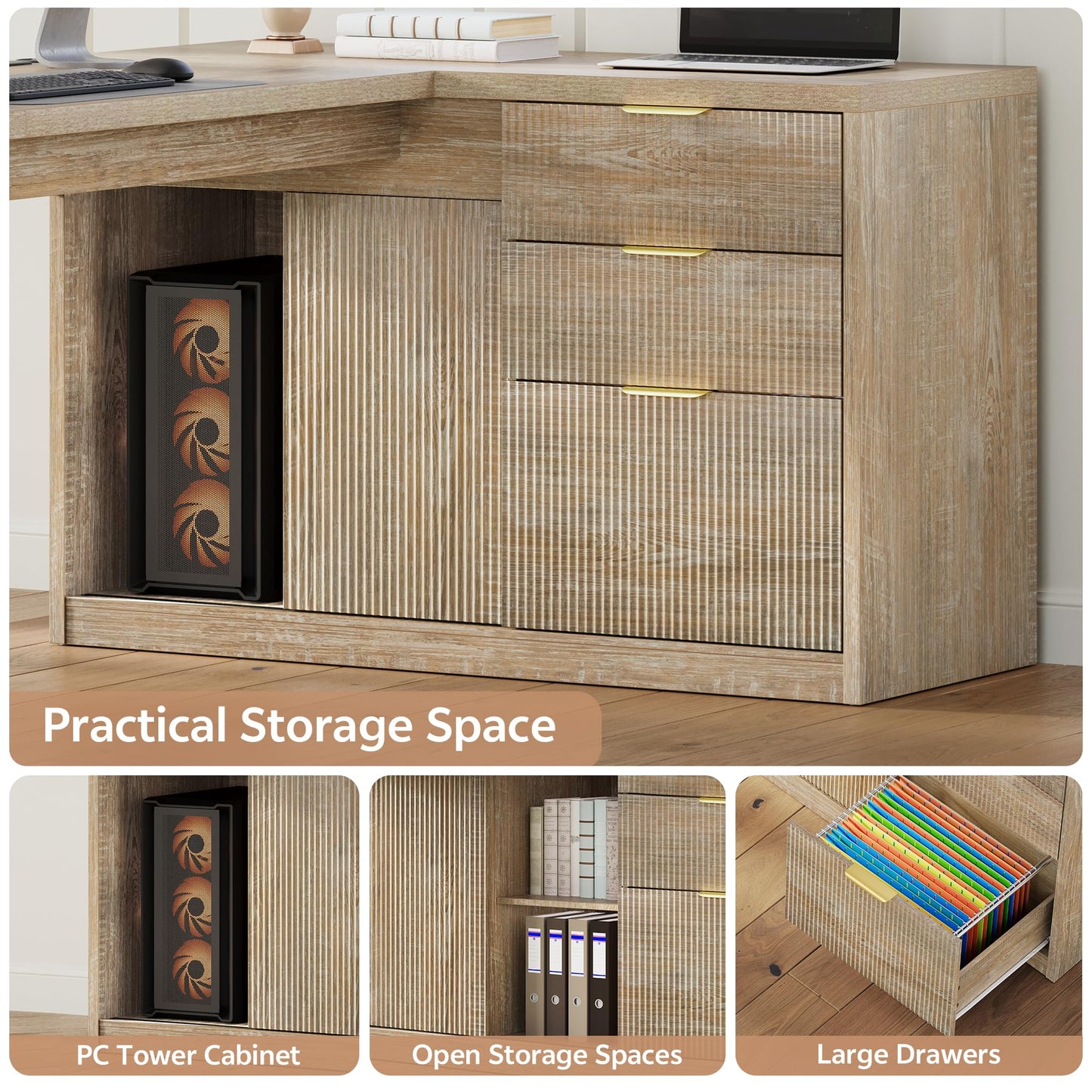 Homiflex 78 Inch L Shaped Office Desk with Drawers Fluted L Shape Computer Desk Executive Office Desk with File Cabinet Storage Shelves and Power Outlets Sturdy Writing Workstation Natural Oak