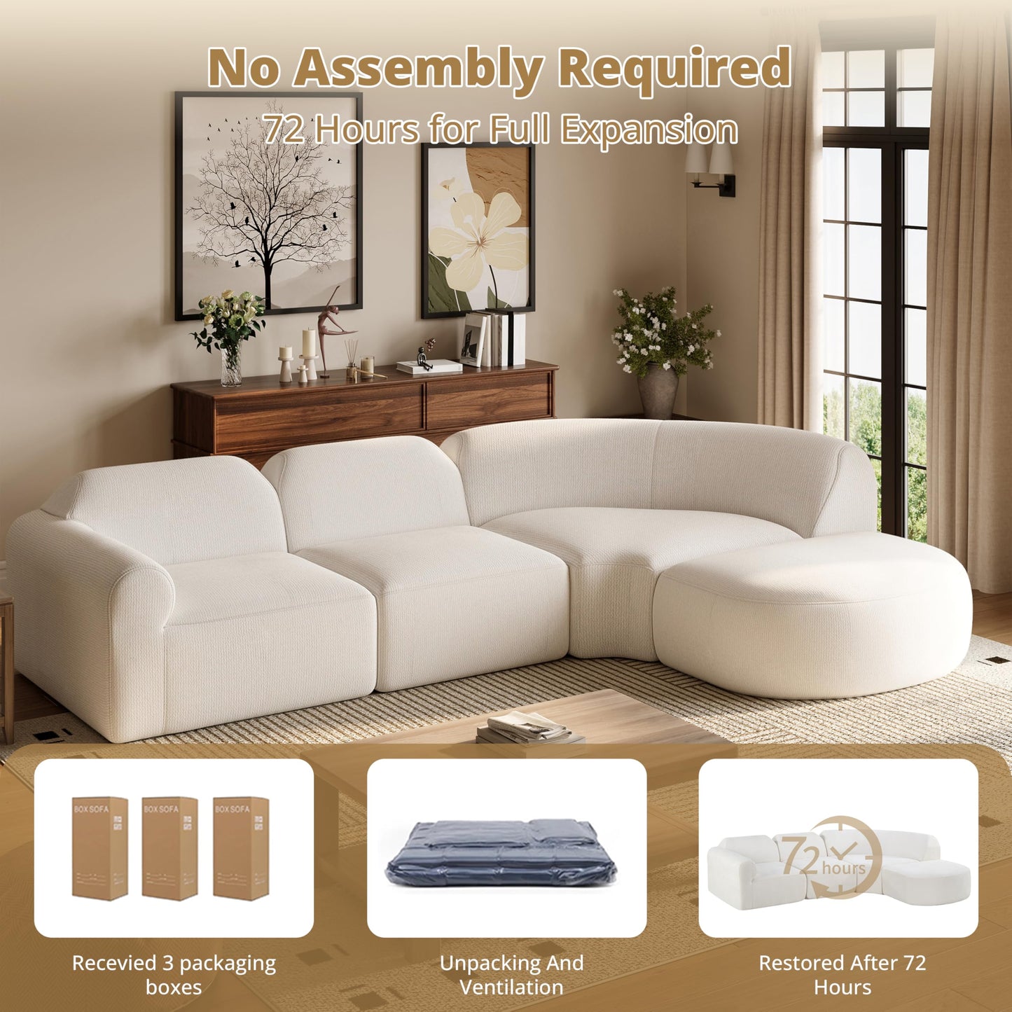 Christopher Knight Home Midel 111" Modular L-Shape Sofa Couch with Chaise Lounge, Modern Boneless Sofa for Living Room, Fabric Upholstered Cloud Couch with Deep Seat, Milky White