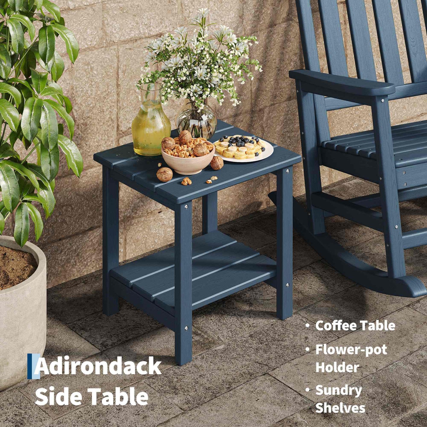 Garvee HDPE Rocking Chair Outdoor Set of 4 with 2 Side Table - Poly High Back Porch Rocker Chairs for Adults - All Weather Resistant Furniture for Patio Front Porch - Navy Blue