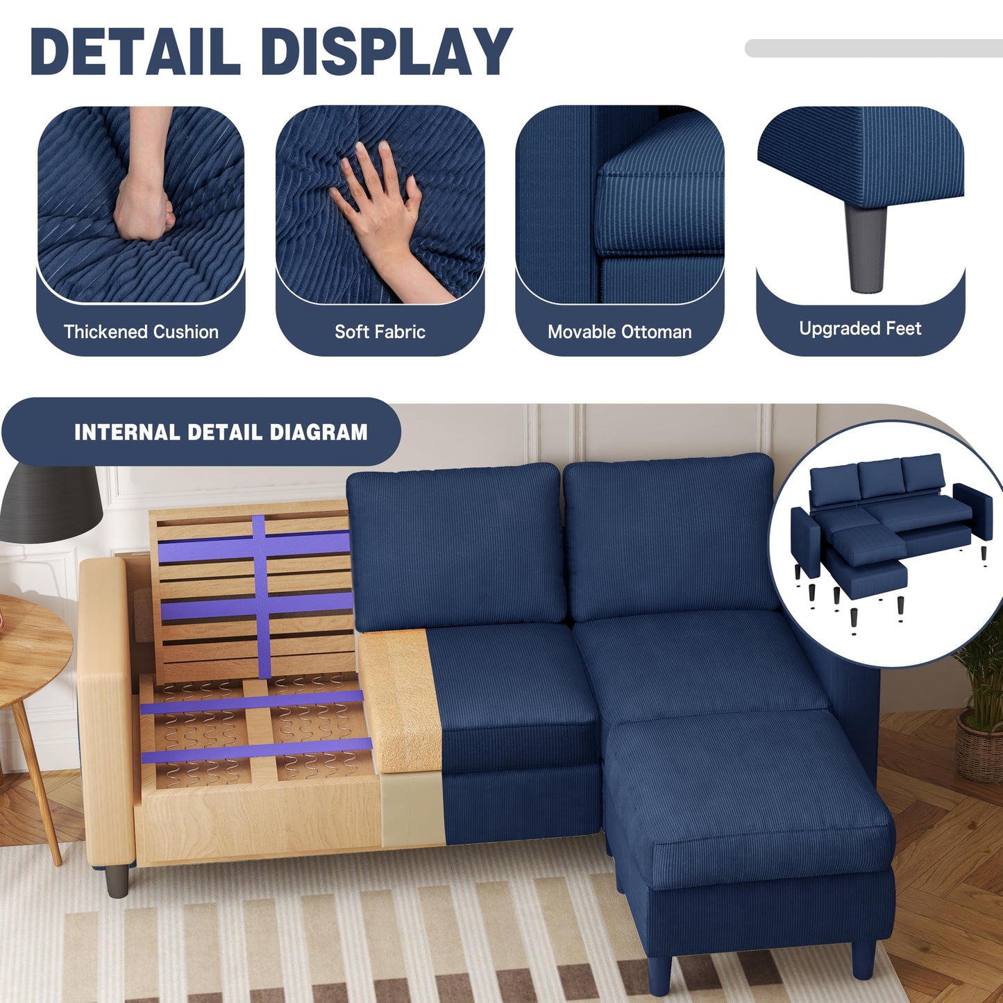 Shintenchi L Shaped Sectional Sofa Couch,Convertible Modular Sofas with Movable Ottoman,3-Seat Upholstered Corduroy Couch,Small Couches for Living Room,Apartment,Office(Blue)