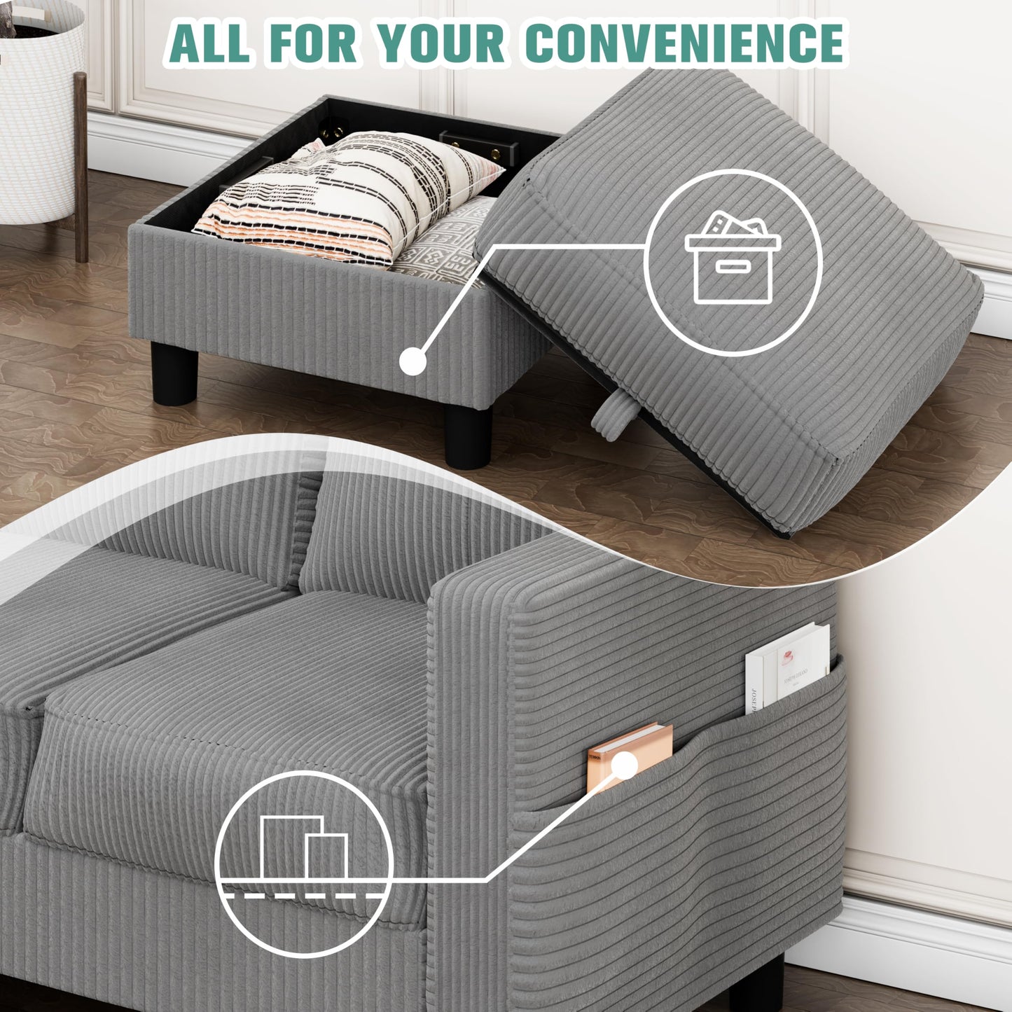 SUNLEI Convertible Sectional Sofa for Small Spaces, L Shaped Modular Sofa with Reversible Chaise & Ottoman Storage, 3 Seat Modern Small Couches for Living Room in Apartment, Linen Fabric, Greige