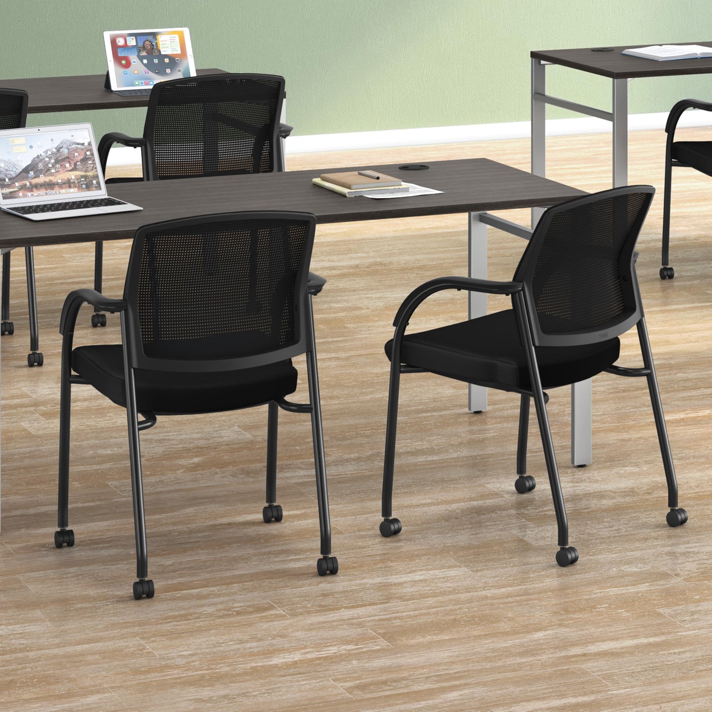 HON Lota Mesh Office Chair with Arms and Casters, Guest and Conference Desk Chair for Reception Areas, Waiting Rooms, and Offices, Fabric Seat, Stackable Design, Black