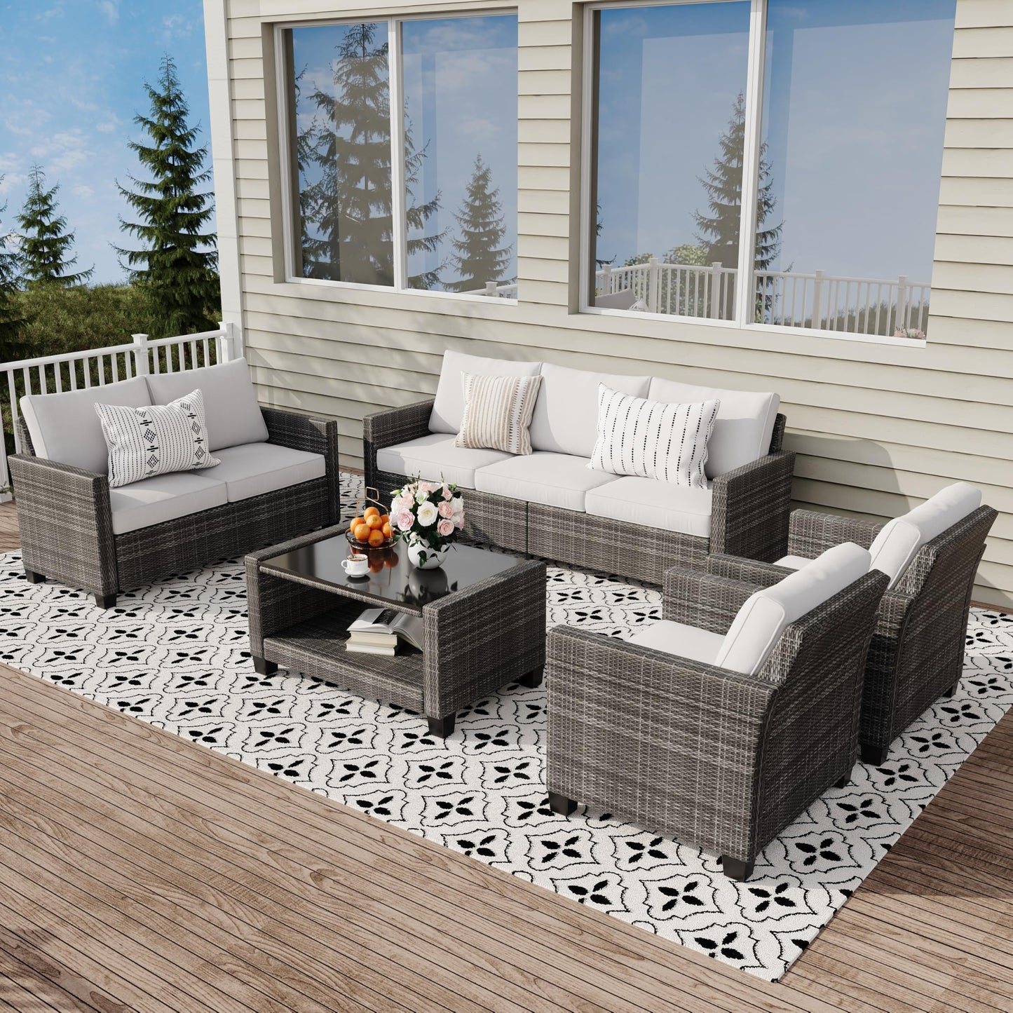 GarveeLife 5 Pieces Patio Furniture Set, 7-Seater Rattan Wicker Patio Conversation Sets with Coffee Table, Outdoor Sectional Patio Sofa Set, Grey Rattan and Grey Cushions
