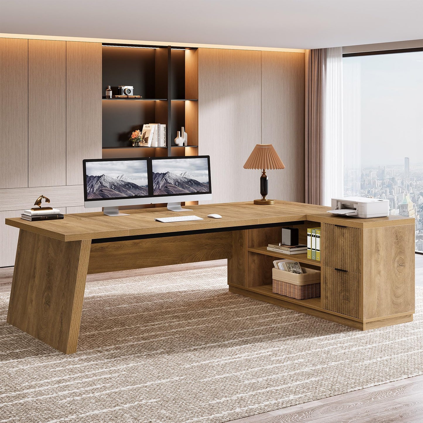 Tribesigns 78" L Shaped Desk with Drawers, Large Executive Office Desk with File Cabinet and Shelves, Modern Corner Computer Table Business Furniture for Home Office, Brown