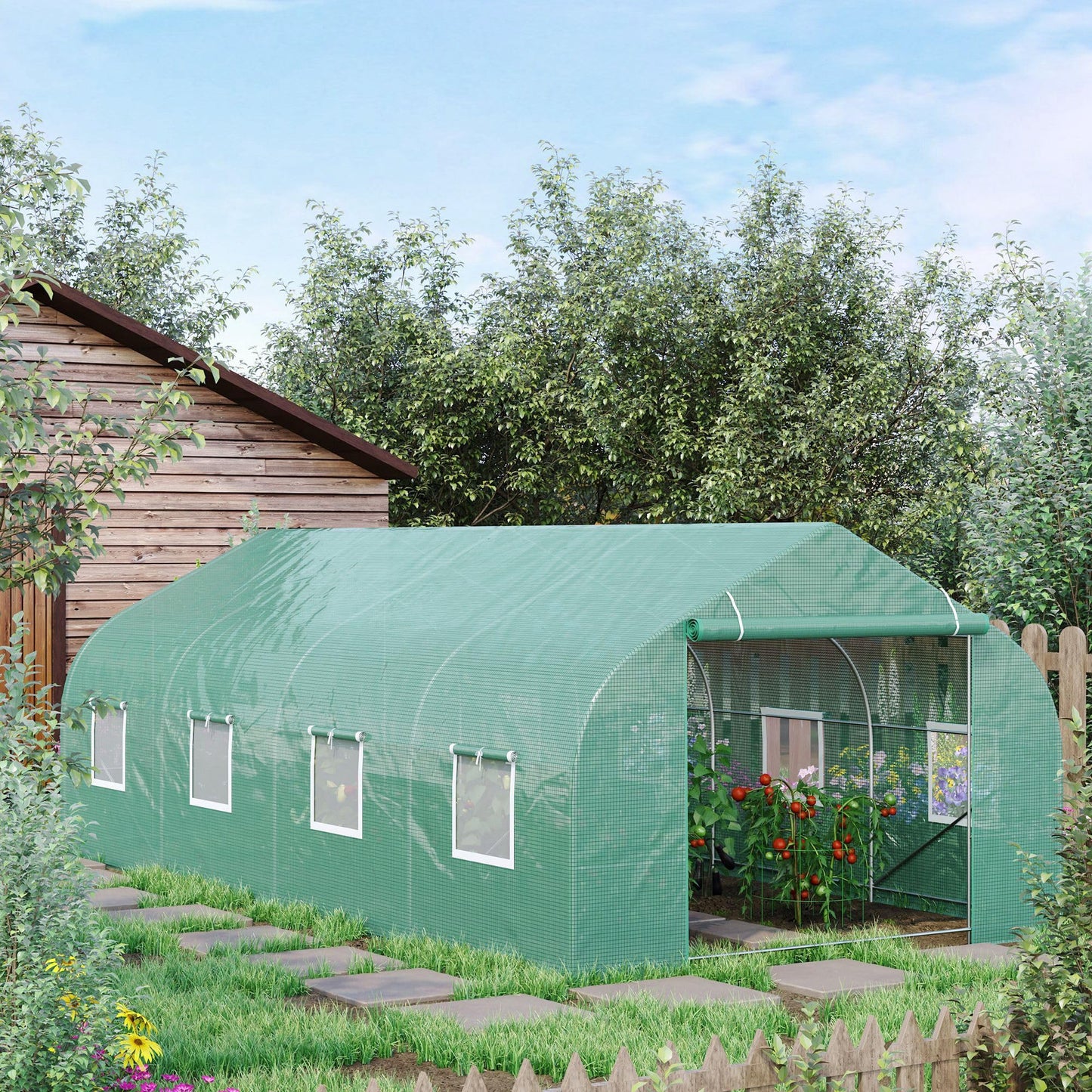 Outsunny 20' x 10' x 7' Outdoor Walk-in Greenhouse, Tunnel Green House with Roll-up Windows, Zippered Door, PE Cover, Heavy Duty Steel Frame, Green