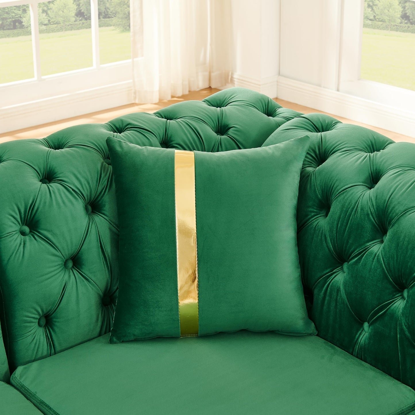KEIKI 106" L-Shaped Luxury Velvet Chesterfield Sectional Sofa with Gold Stainless Steel Accents and 5 Pillows, Mid-Century Oversized 5-Seater Button Tufted Couch, Easy Assembly, for Living Room, Green