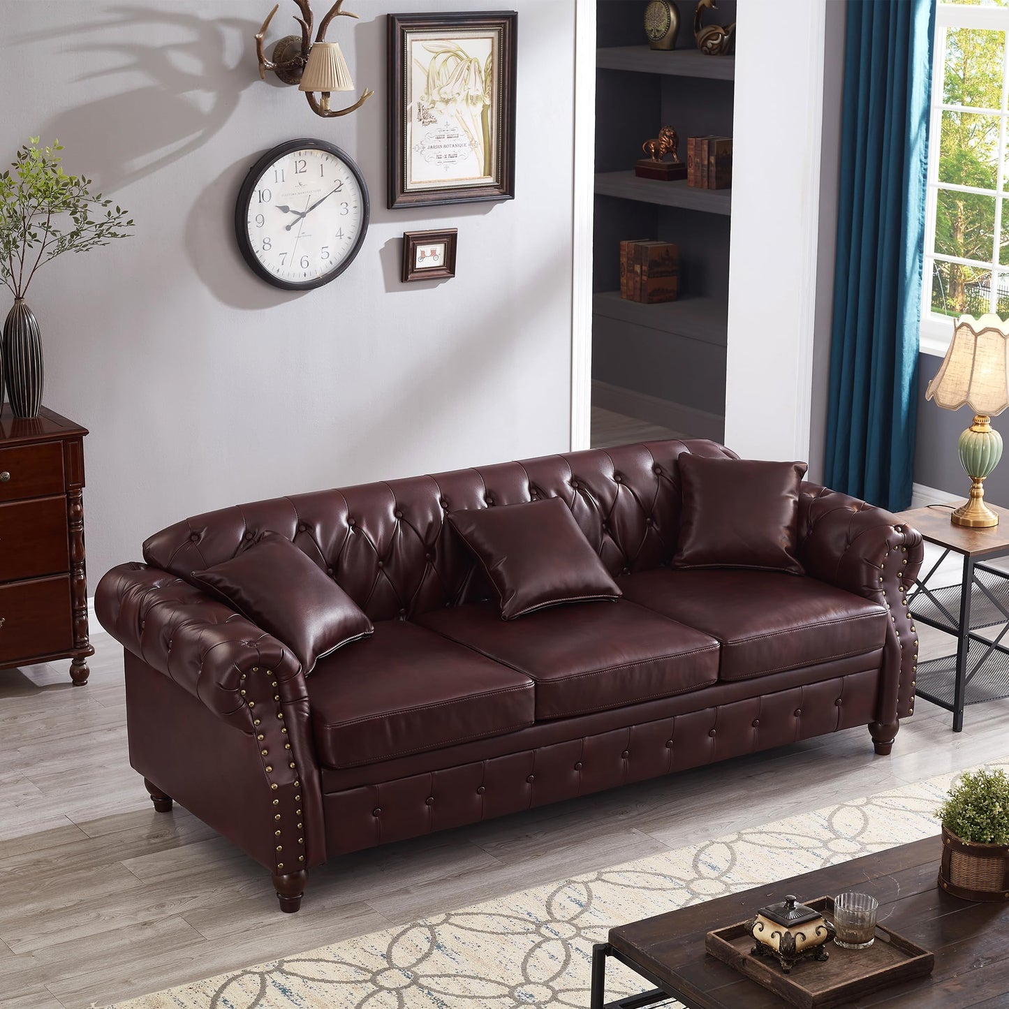 KEIKI 85.8" Chesterfield Sofa, Retro Style Upholstered with Storage Faux Leather PU Couch with Rolled Arm, Nailhead for Living Room Bedroom Office Apartment, Burgundy