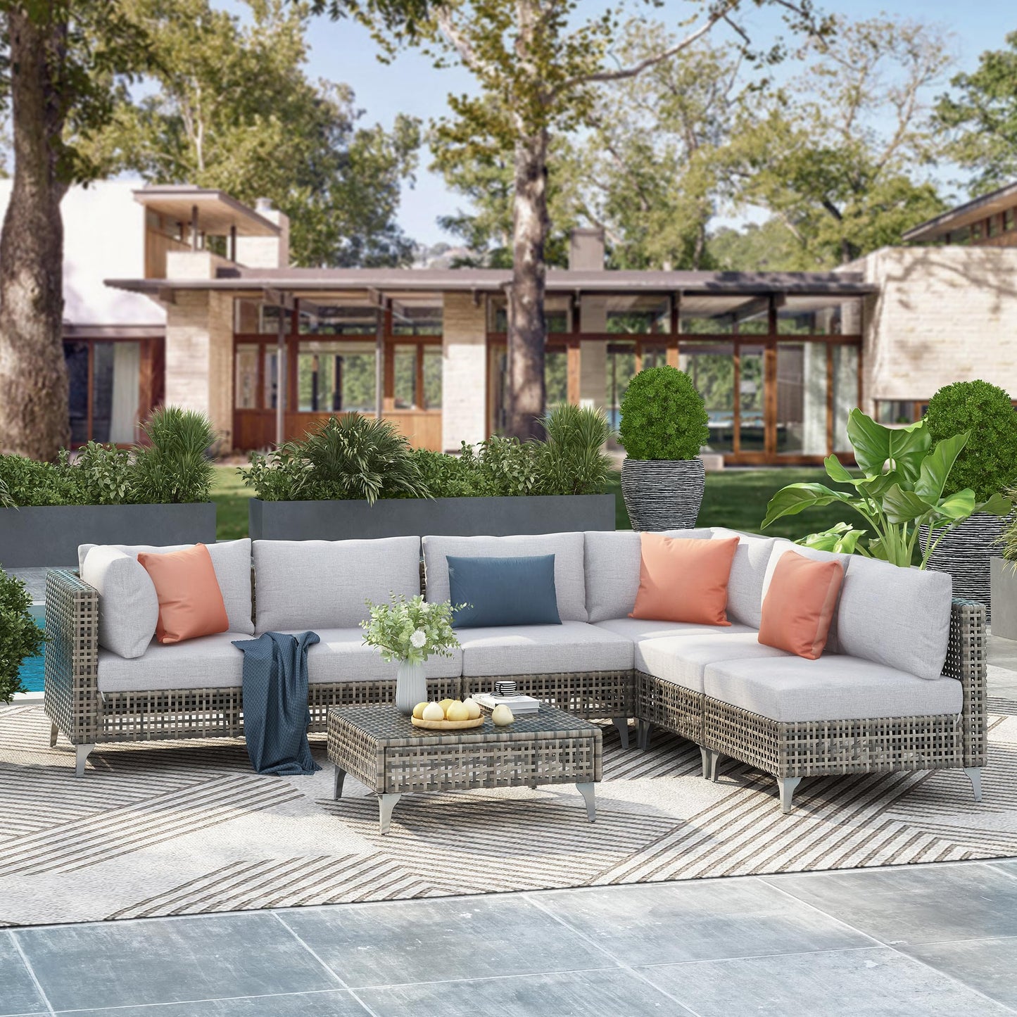 Merax 7 Piece Outdoor Patio Furniture Sets - 8-Seat PE Wicker Sectional Sofa w/Rattan Chaise Lounge & Thick Cushions, 29" Coffee Table w/Glass Top for Garden, Couch, Porch, Backyard Gray
