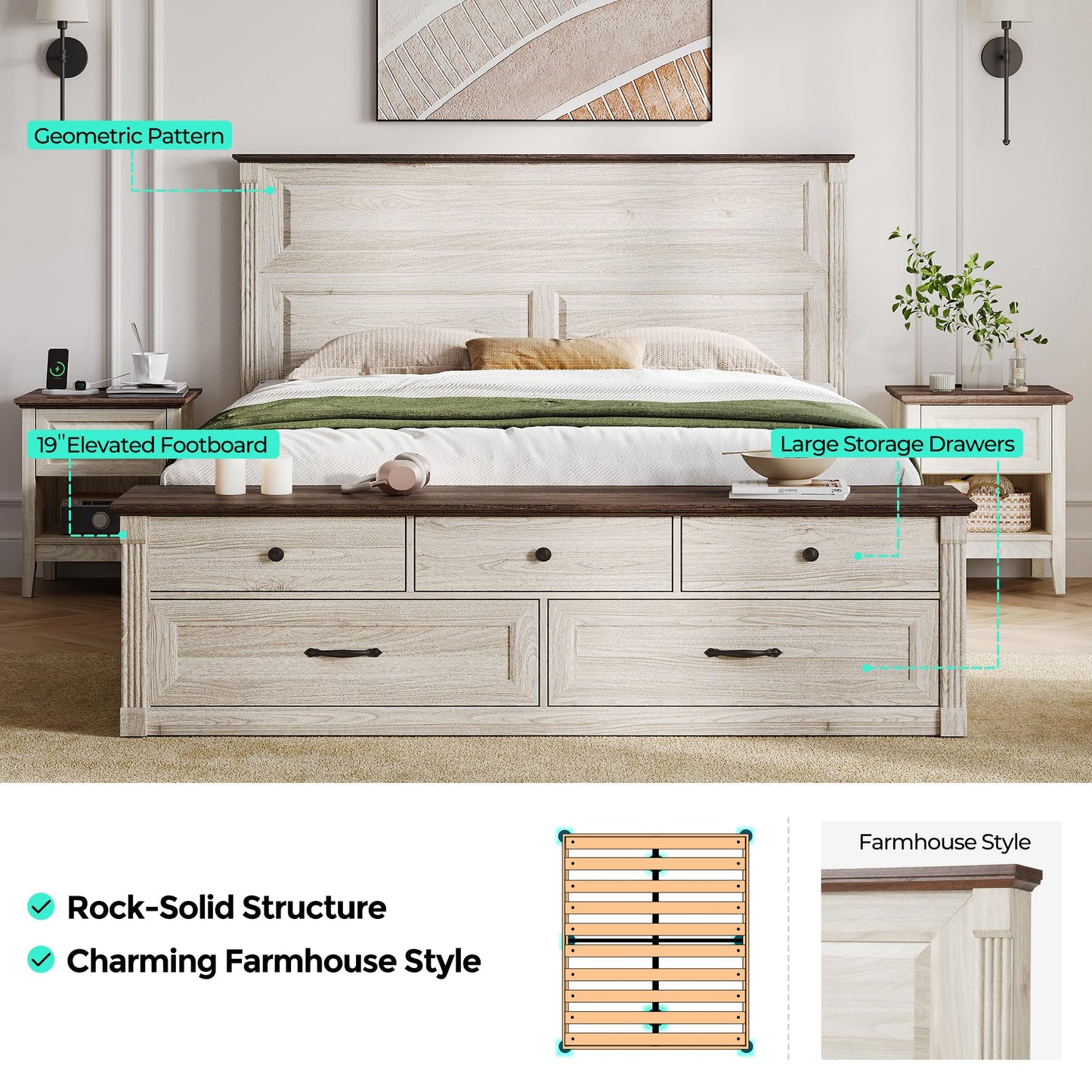 LINSY Storage Bed Frame Queen Bedframe with Drawers, Farmhouse Bed Frame Queen-Size with Headboard and Footboard Bench, Tall Bed Frames Wooden Platform Beds with Storage, No Box Spring, Antique White