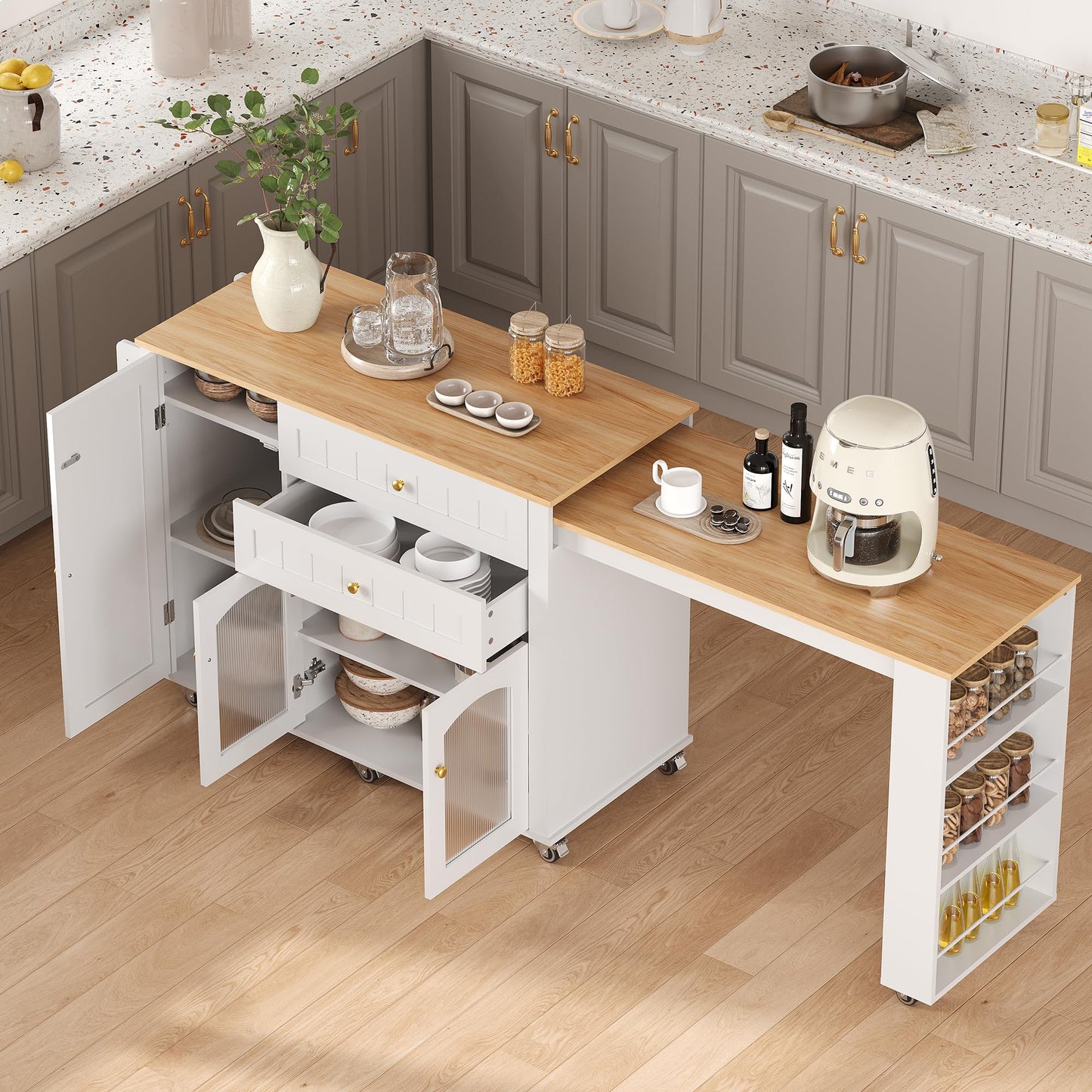 78.3” Rolling Kitchen Island with Extendable Table, Storage Cabinet, Drawers & Shelves, White Modern Mobile Island Cart on Wheels, Farmhouse Wood Island Table for Kitchen, Dining Room, Home Bar
