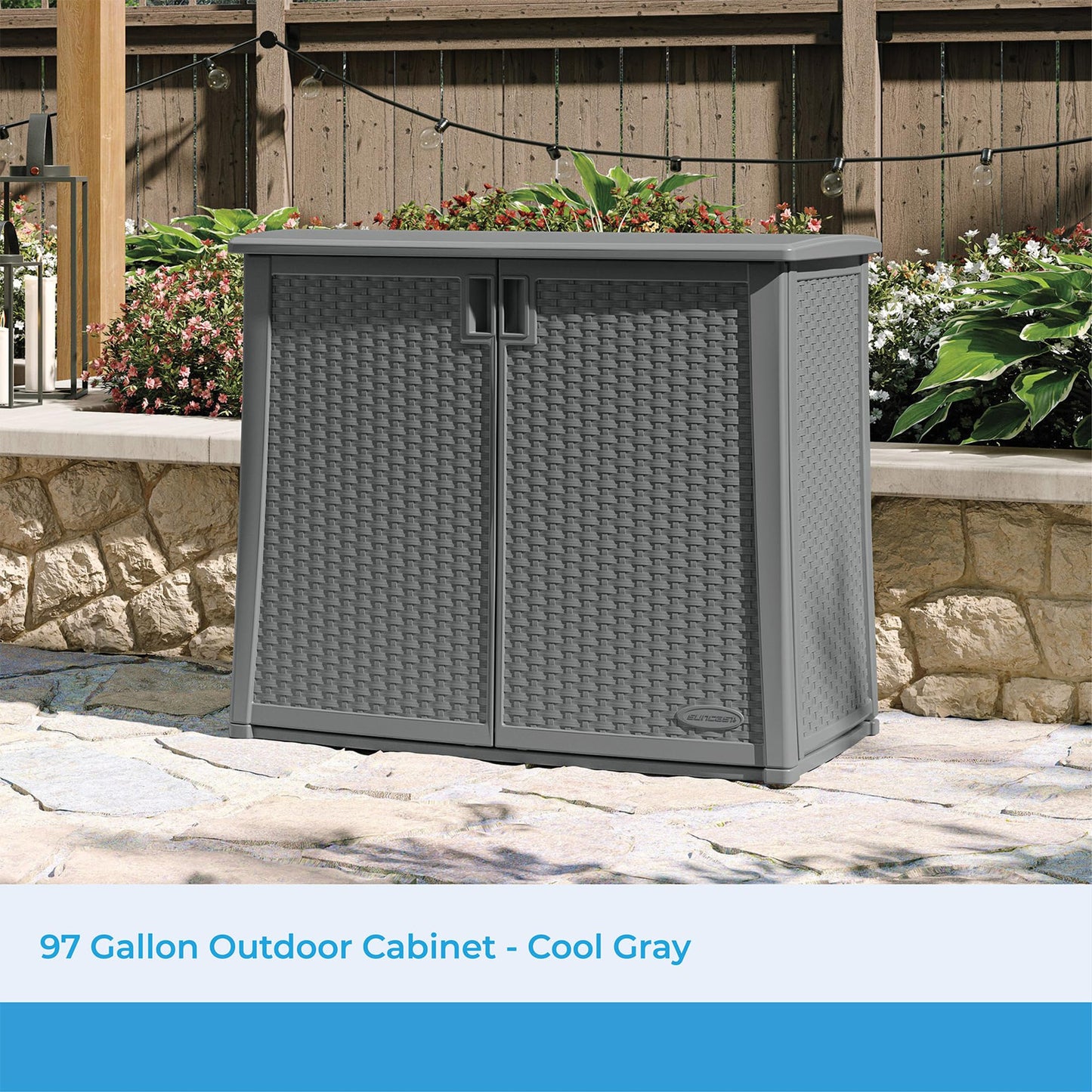 Suncast Lockable Outdoor Cabinet Storage for Patio, Garden and Backyard, 97 Gal, Cool Gray