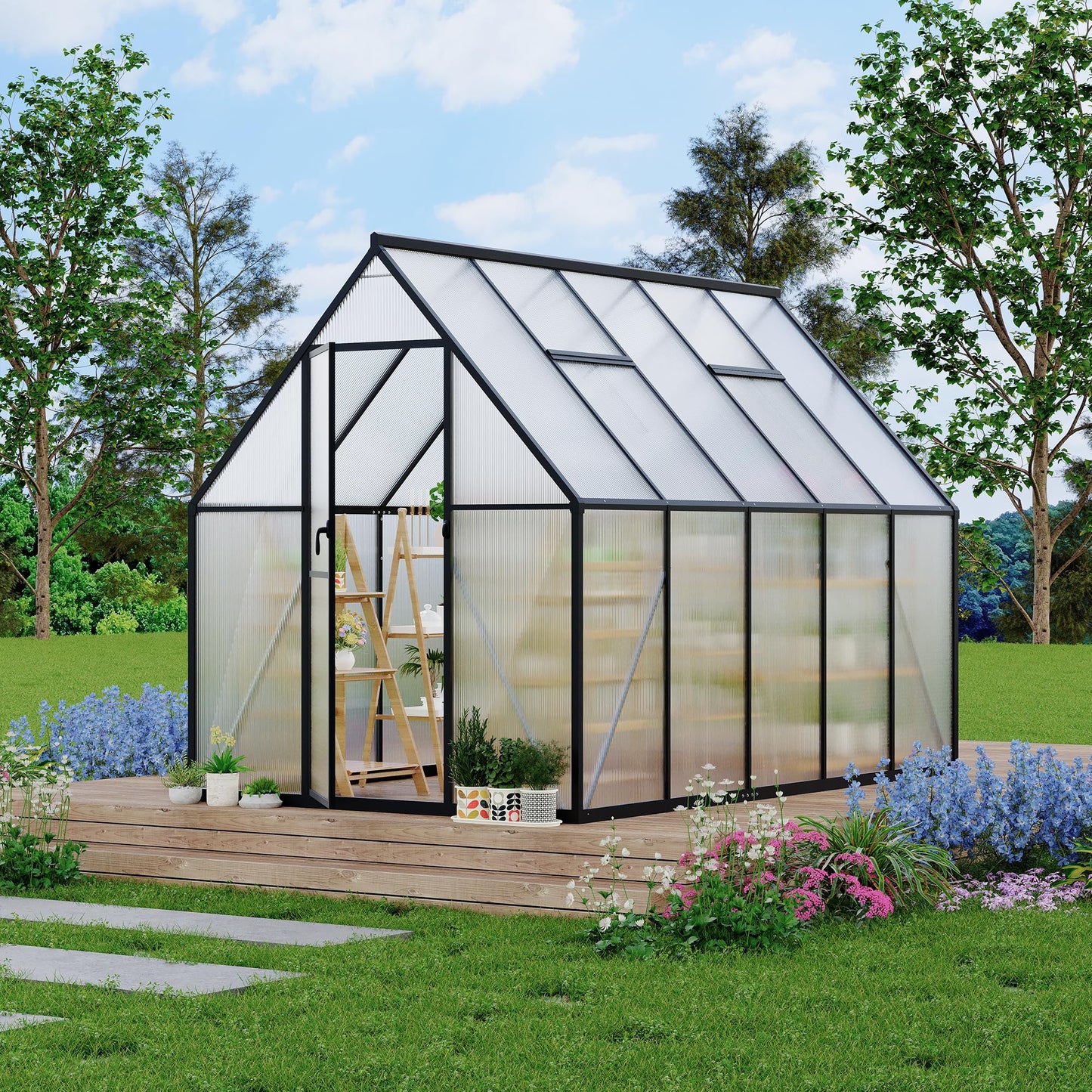 Polycarbonate Greenhouse for Outdoors, Large Walk-InGreenhouse with Quick Setup Structure and Roof Vent, Greenhouse with Ventilation