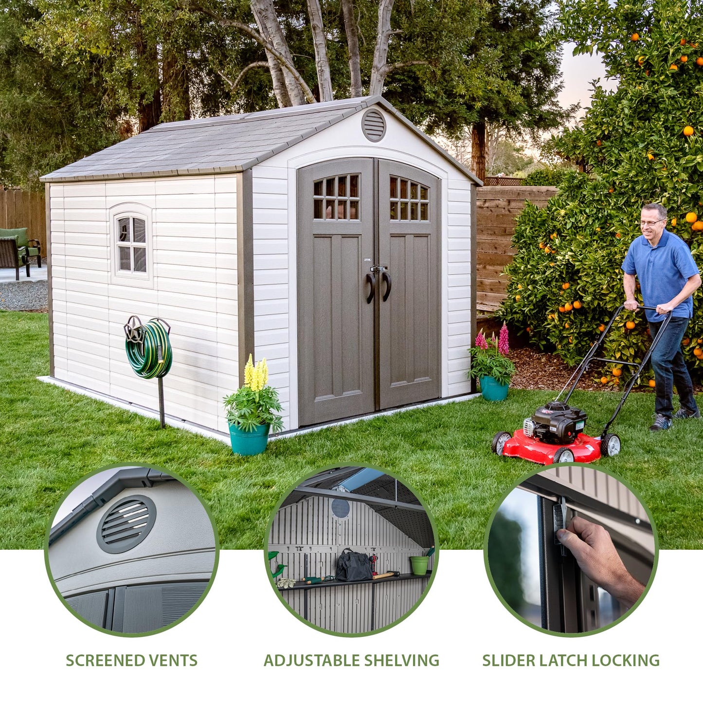Lifetime 8 x 10 Ft Outdoor Storage Shed, Dual-Wall HDPE Construction, Steel-Reinforced, Skylight and Window, Lockable Doors, Vents, UV-Protected, Desert Sand