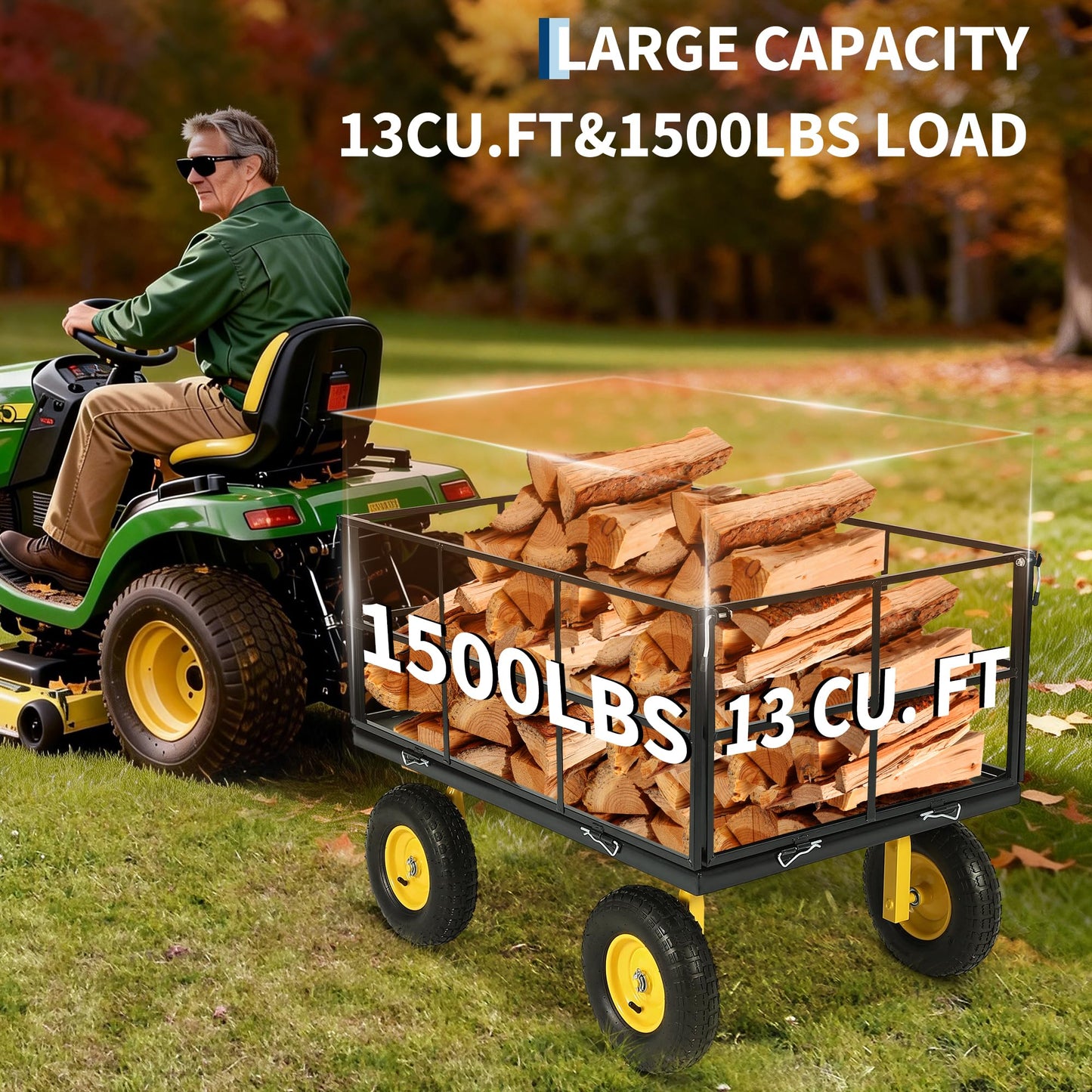 Garvee 1500 LB Garden Dump Cart with 13 in All Terrain Tires, 3-in-1 Yard Wagon Cart with Removable Side Panels, Heavy Duty Outdoor Metal Utility Wagon Yard Trailer for Outdoor Lawn, Yard, Backyard