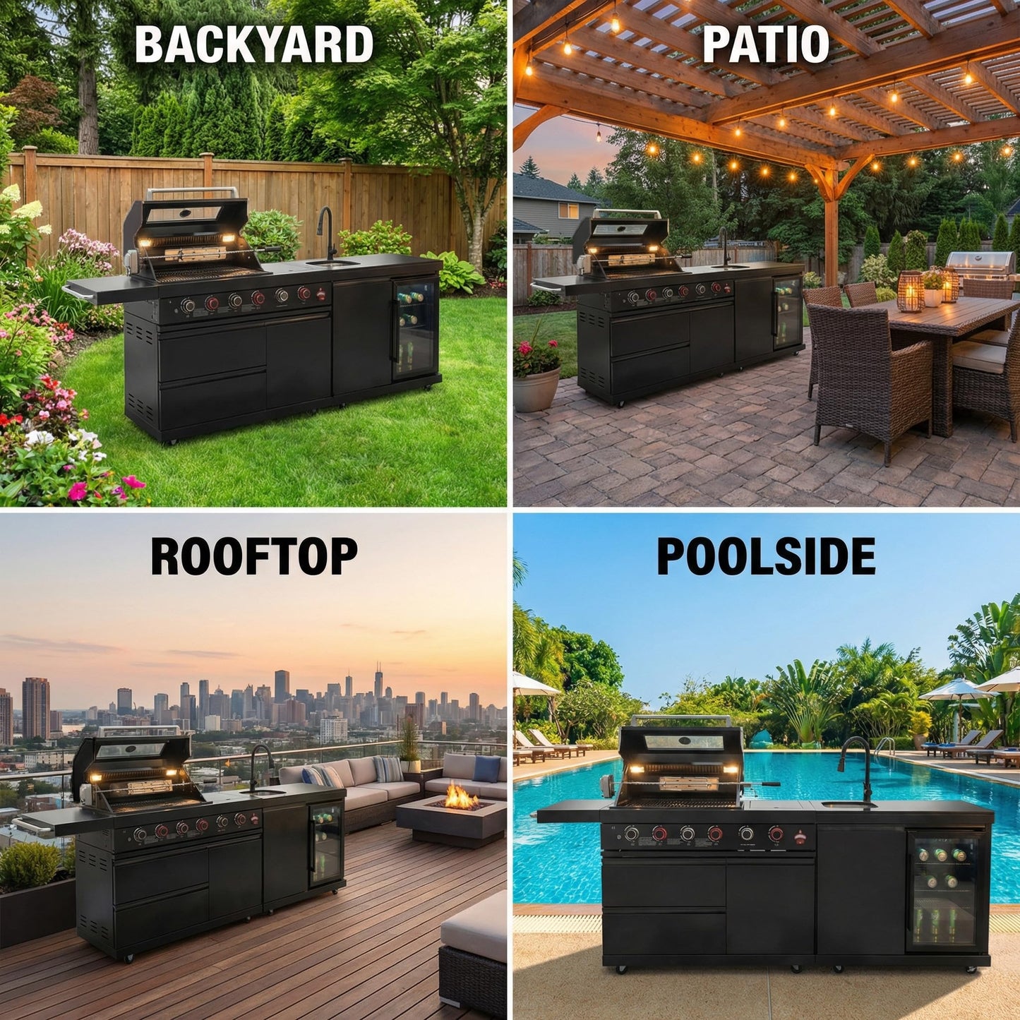 GDFStudio 84" Stainless Steel Outdoor Kitchen Bar and BBQ Island Grill with 6-Burner Gas Grill, 75300 BTU, SS304 Integrated Sink, Wine Cooler, Refrigerator, Granite Countertop, Rotisserie, Black