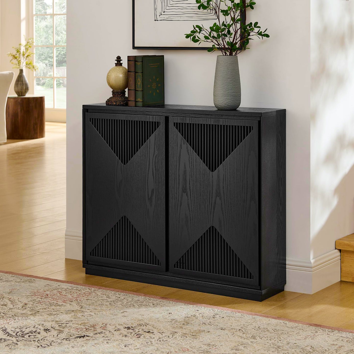 KEIKI 39" Mid Century Modern V-Shape Storage Cabinet, Buffet Cabinet with Storage, Narrow Side Cabinet with Outlet Holes for Living Room Entryway Hallway Kitchen, Coffee Bar, Black
