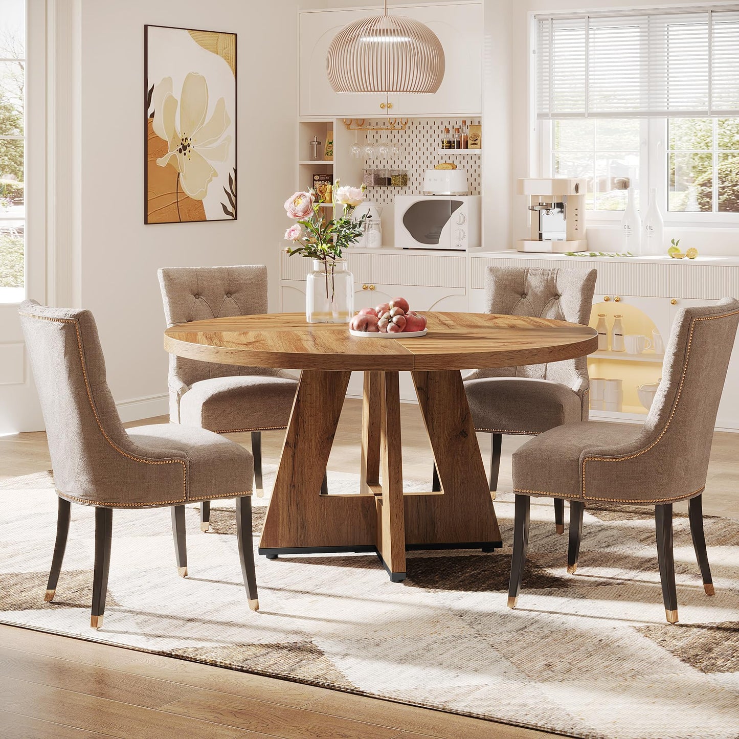Tribesigns 47 inch Round Dining Table Wood Kitchen Table for Dining Room, 47" Dinner Room Tables for 4-6, Farmhouse Accent Furniture with Wooden Tabletop and Cross Base, Burlywood