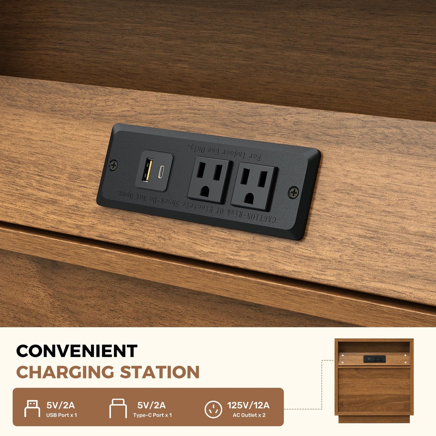 Miereirl Fluted Nightstand with Charging Station, Vintage Modern Night Stands Storage Cabinet Wooden Bedside Table with Metal Handle Drawers, Walnut Oak