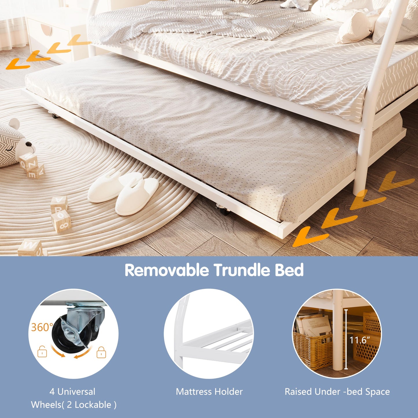 SUNLEI Metal Loft Bed with 2 Secured Ladders, Bunk Bed Twin Over Full with Trundle, Trundle Beds Twin Safety Guard, for Small Bedroom Noise Free (Twin Over Full, Metta Classic White)