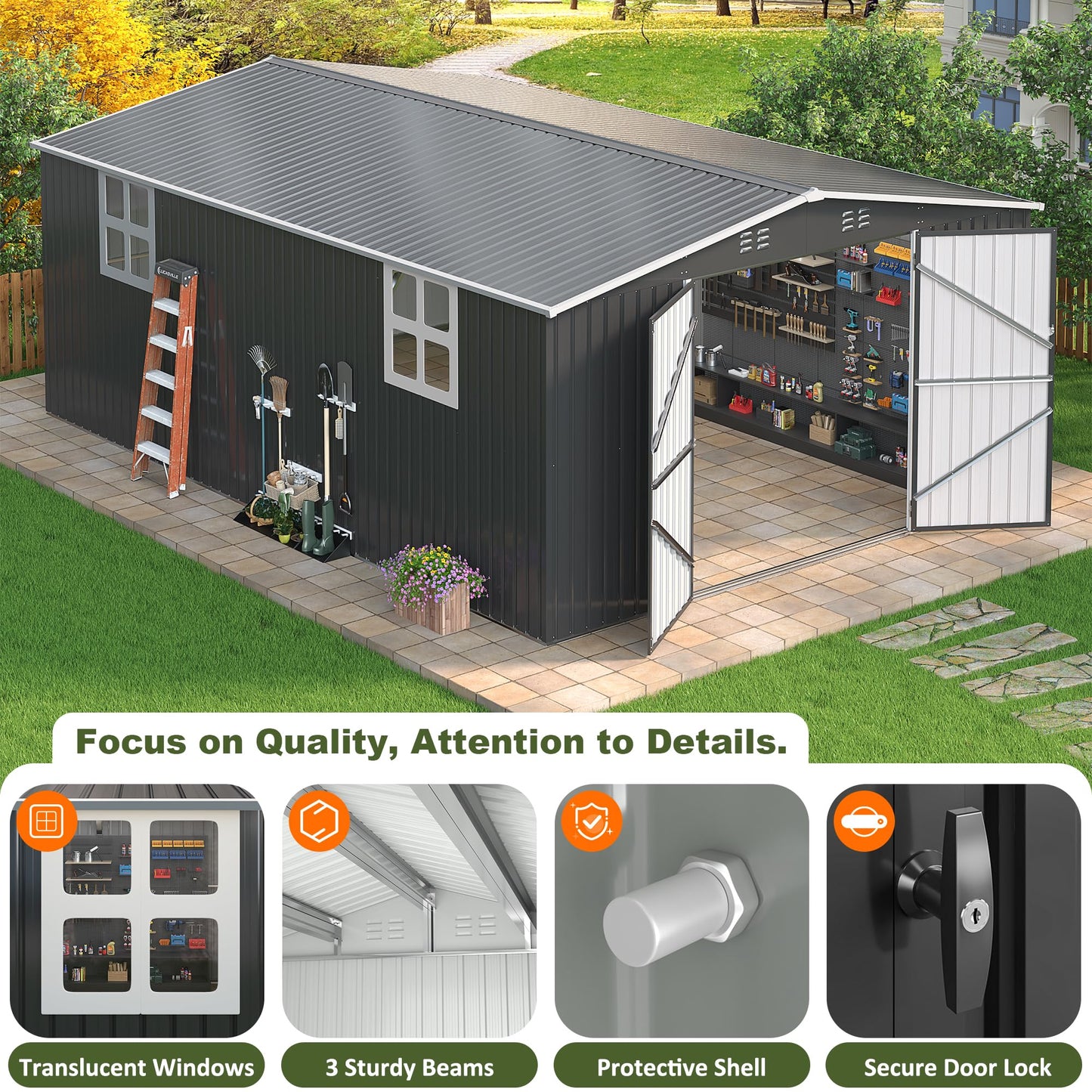 AirWire 12x18 FT Outdoor Storage Shed, Garden Shed with Updated Frame Structure and Lockable Doors, Metal Tool Sheds for Backyard Garden Patio Lawn,Black
