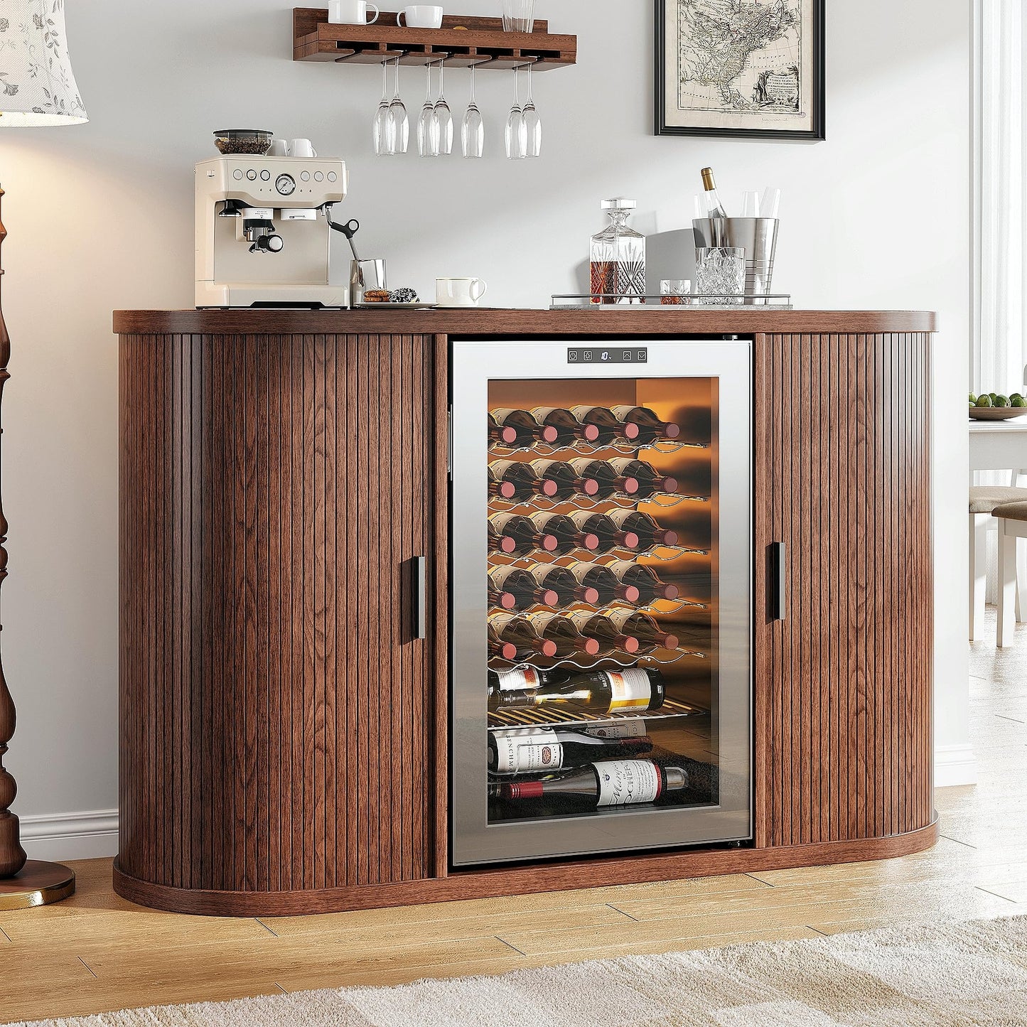Jocoevol 53" Fluted Coffee Bar Cabinet with Sliding Doors, Wine Bar Cabinet with Charging Station & Holder, Modern Liquor Whiskey Buffet Sideboard for Dining Room, Living Room, Kitchen（Walnut）