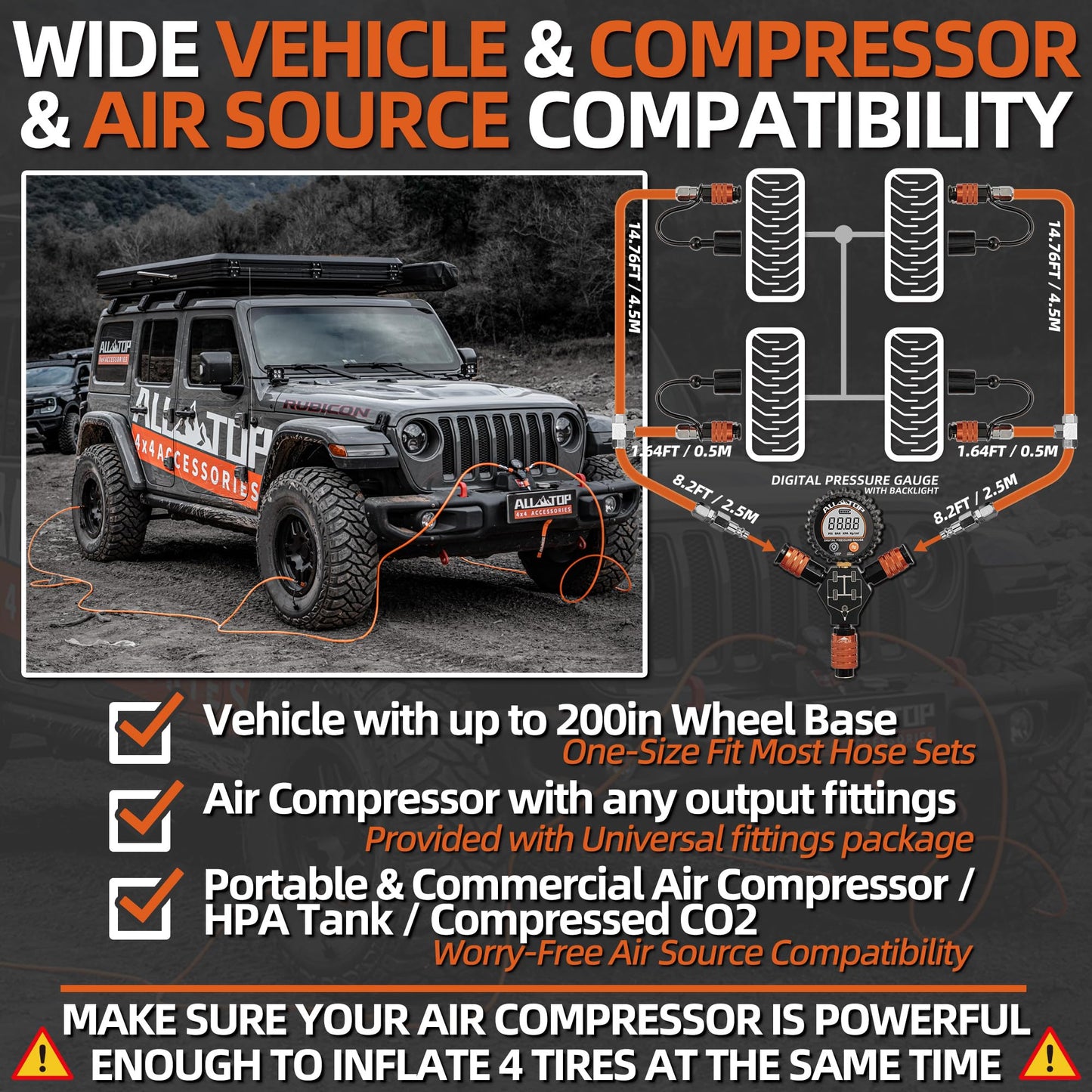 ALL-TOP 4 Tire Inflation & Deflation System, Up to 200" Wheelbase, Rapid High-Flow Air Up Down Kit w/Digital Pressure Gauge & Worry-Free Quick Fitting Package