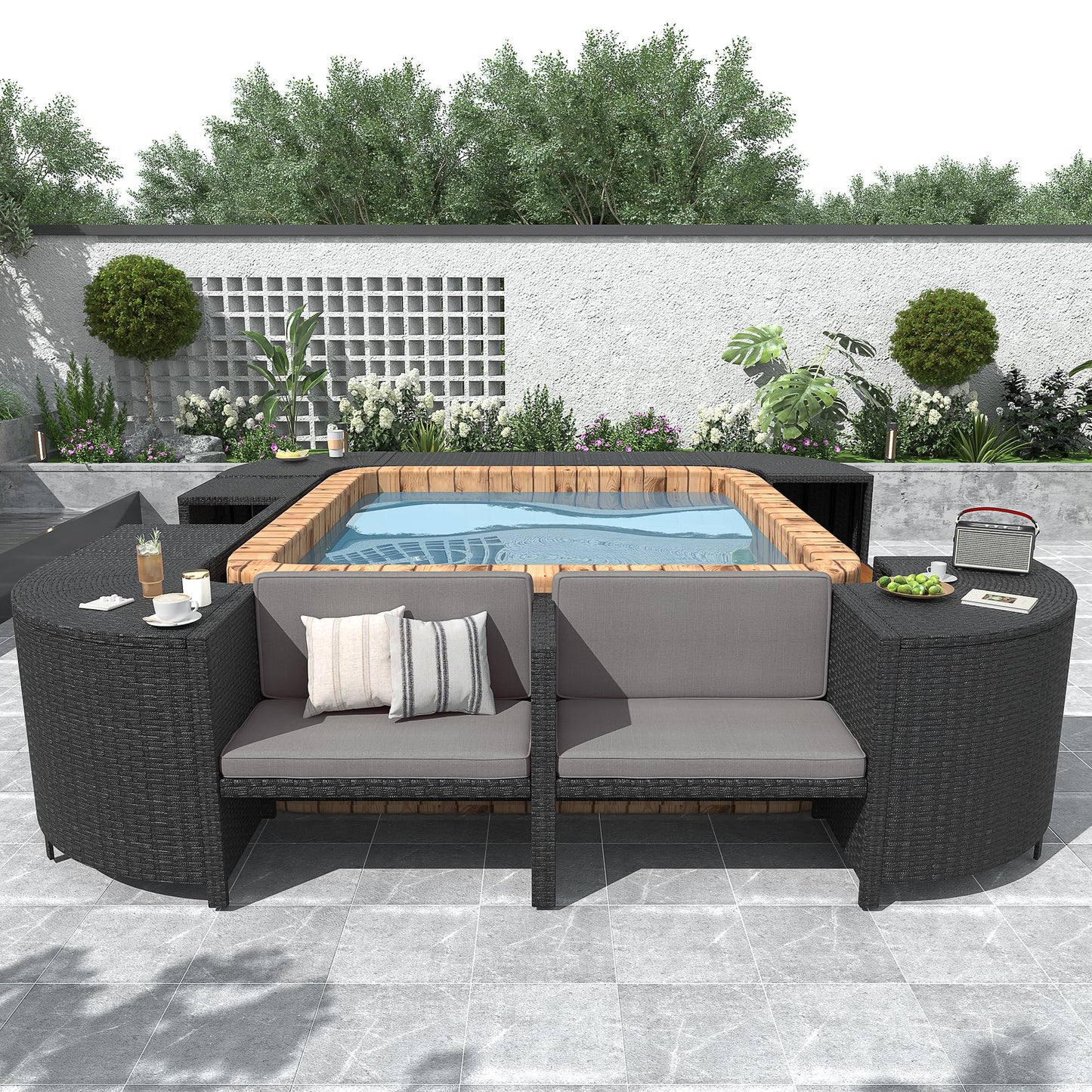 Merax Patio Furniture Set with Mini Sofa, Wooden Seats and Storage Spaces, Outdoor Conversation Sets for Patio, Lawn, Garden
