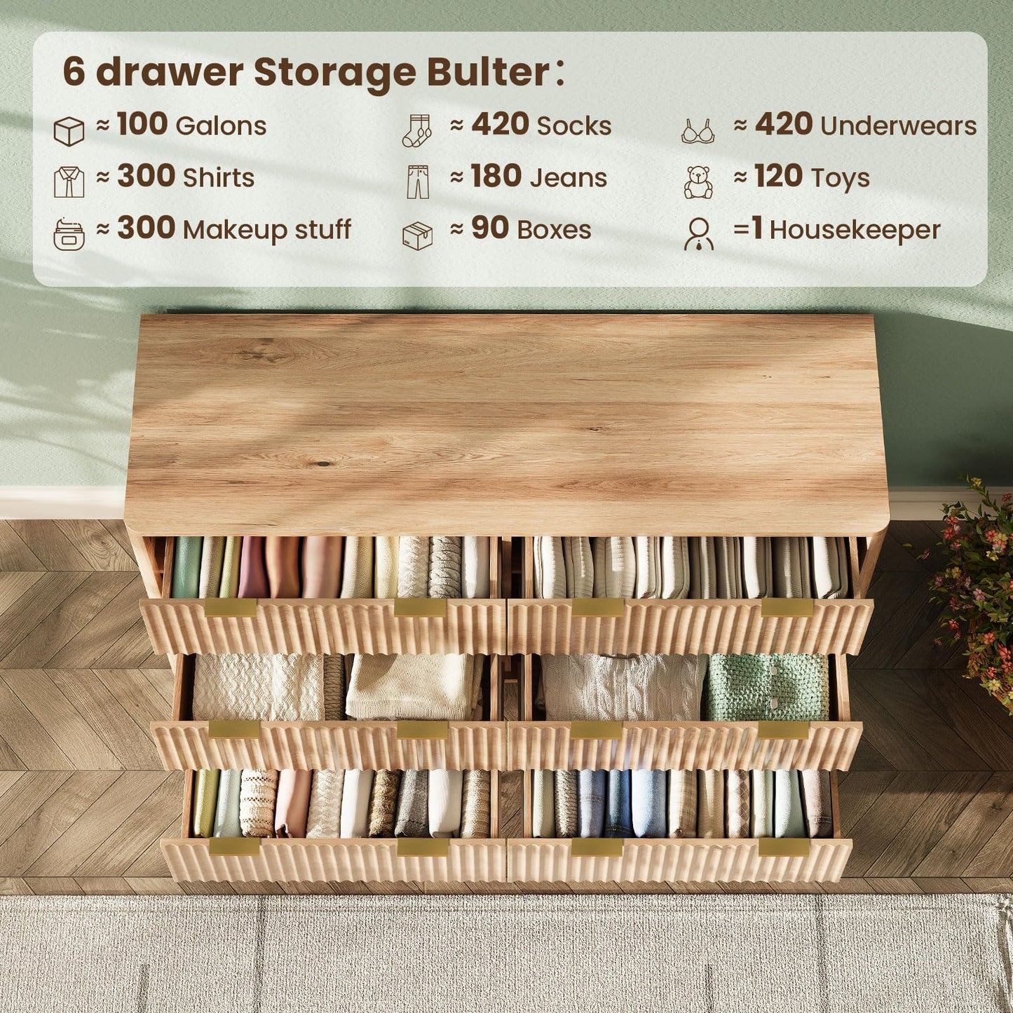 TROJM 47'' Wide 6 Drawers Dresser for Bedroom,Modern Fluted Vertical Chest with Rounded Corners,Fluted Dresser for Living Room,Hallway, Natural Wood