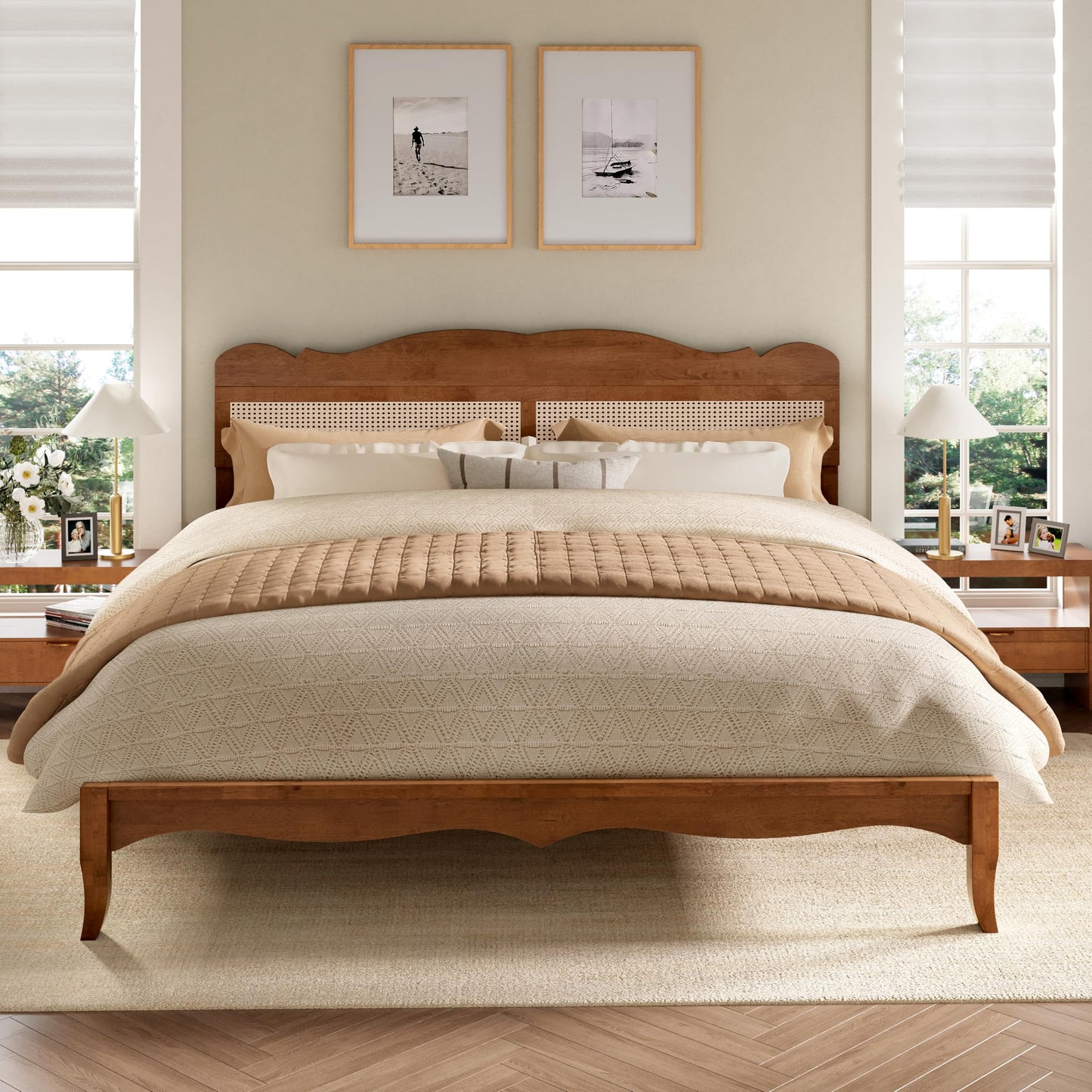 PHI VILLA Rattan Queen Size Bed Frame with Headboard, Natural Solid Wood Bed Frames, Vintage Bedframe, No Box Spring Needed, Brown