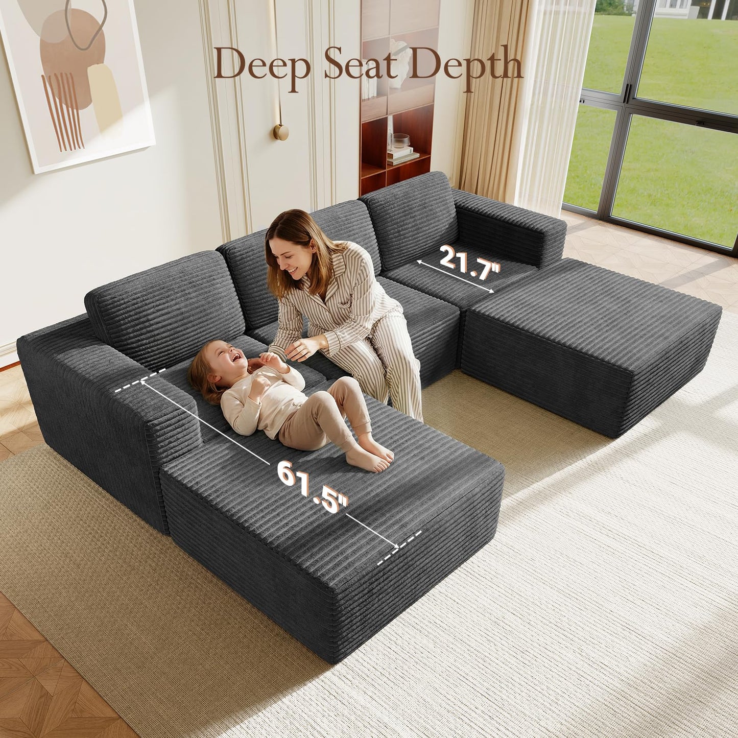119" U-Shaped Modular Cloud Sofa, Corduroy Sectional Couch with Extra Deep Seats & Durable Spring Support, Convertible Boneless Sofa Set with Dual Ottomans, No Assembly, Grey
