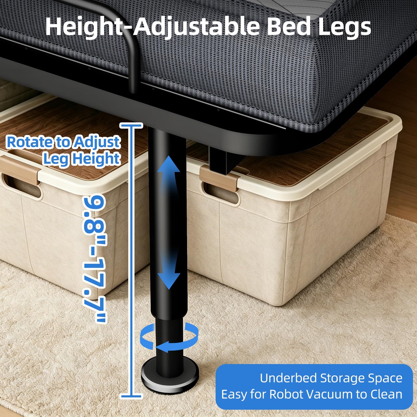 AESOROMO Full Size Adjustable Bed Frame with 5 Inch Foam Mattress Set Zero Gravity Electric Bed Head Foot Incline Leg Height Adjustable Anti-Snore