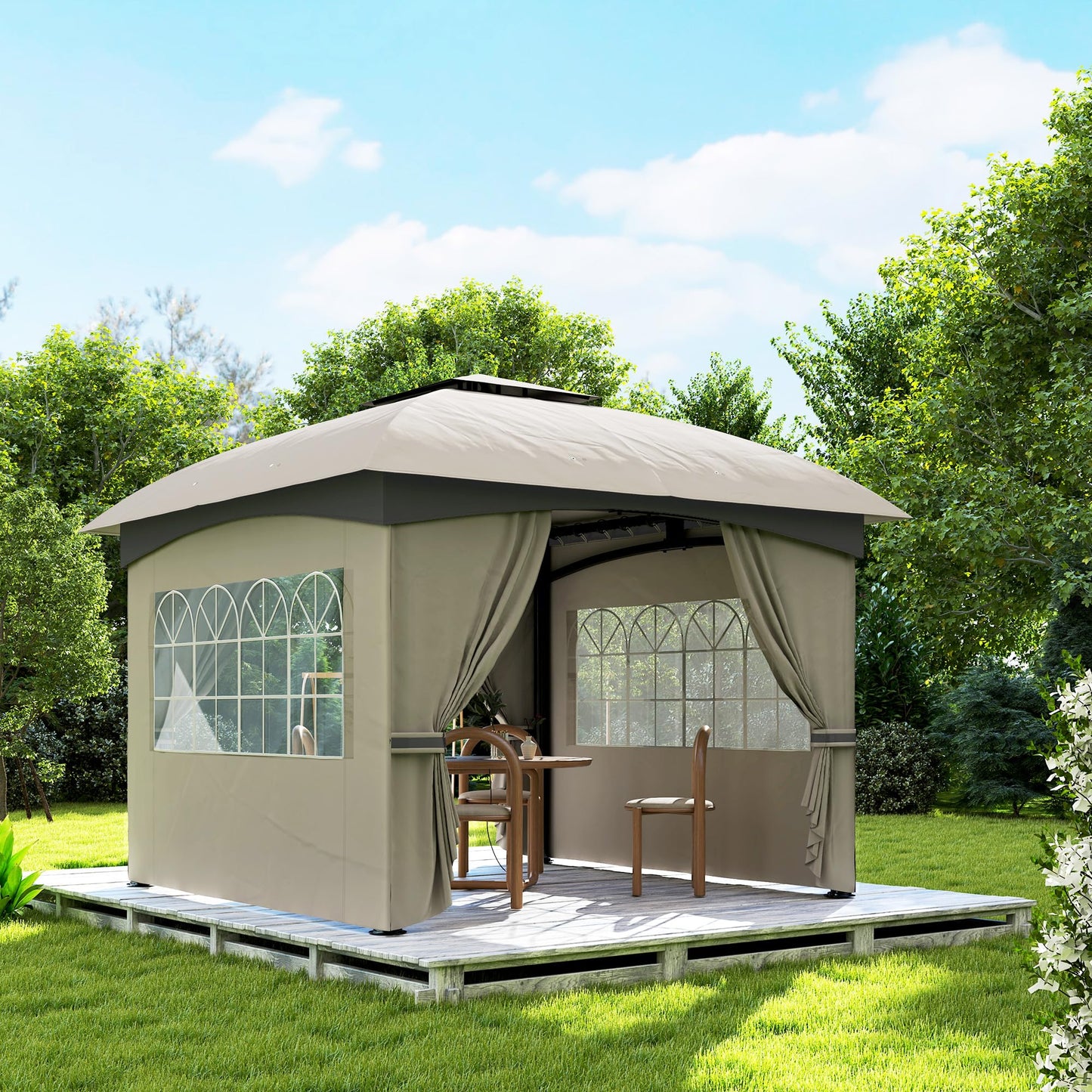 Outsunny 11' x 11' Outdoor Gazebo, Arc Patio Gazebo Canopy Shelter, UV Protected, with Curtains, Church Windows, Double Roof, Galvanized Steel Frame for Lawn, Backyard and Deck, Light Gray