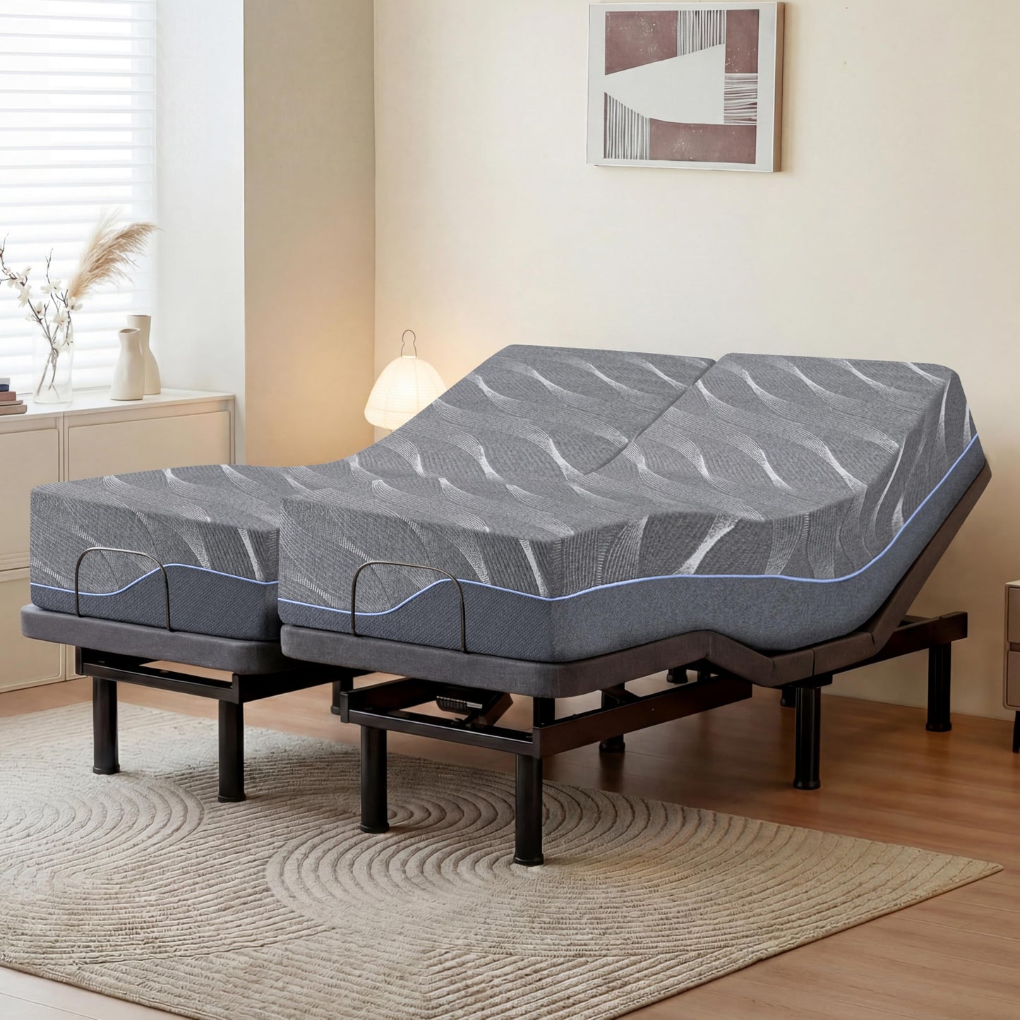 Split King Adjustable Bed Frame with Wireless Remote + 12 Inch Grey Gel Medium Firm Memory Foam Mattress in a Box, Head and Foot Incline,0 Gravity/Anti-Snore,Sturdy Smart Electric Bed Base, 80" × 76"
