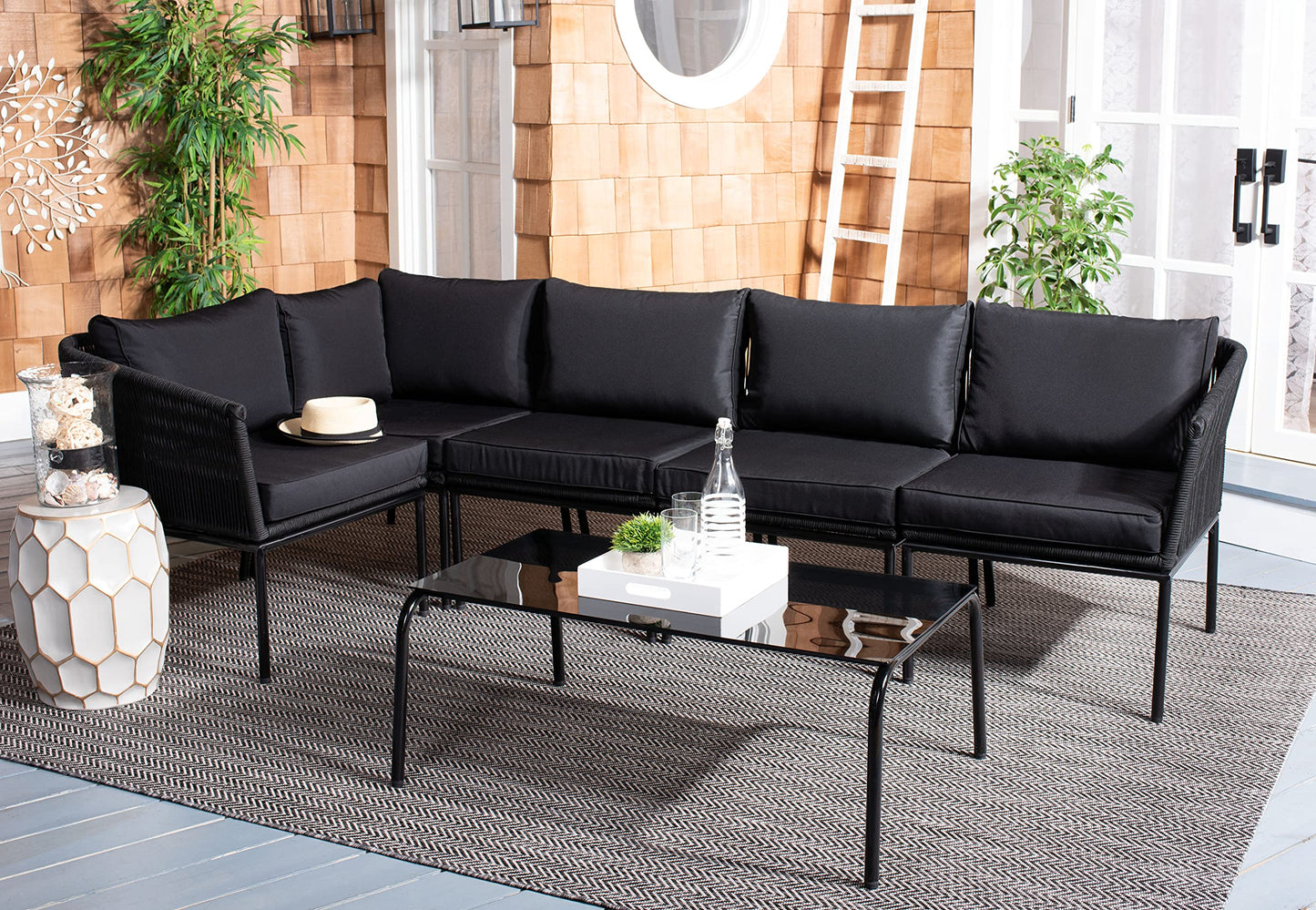 SAFAVIEH Outdoor Collection Remsin Black Wicker/Black Cushion Sectional Sofa Patio Backyard Living Set