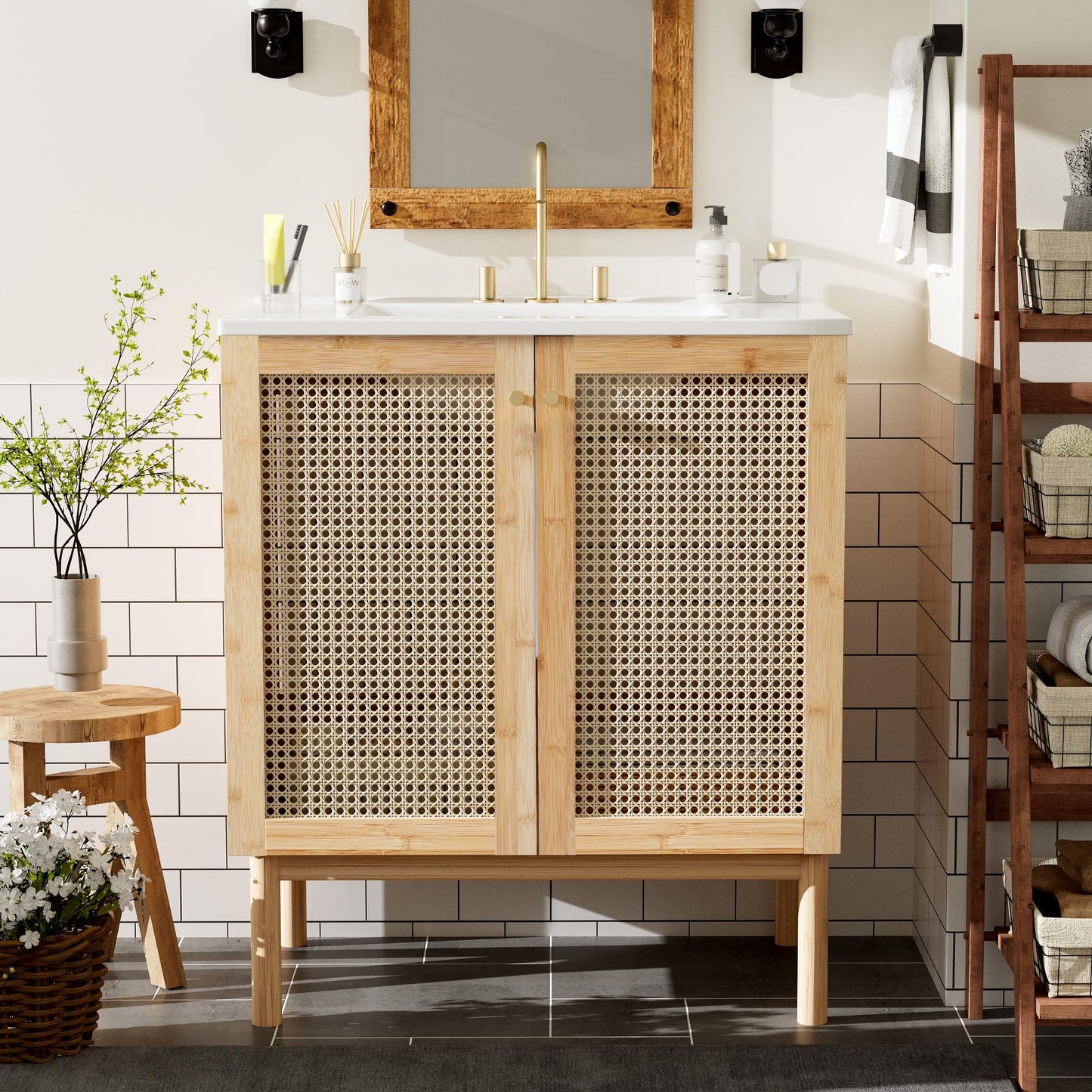Merax 30" Fluted Bathroom Vanity with Ceramic Sink Combo，Freestanding Modern Bathroom Storage Vanity Cabinet with Featuring Handmade Rattan Doors，Zinc Alloy Handle,Wood