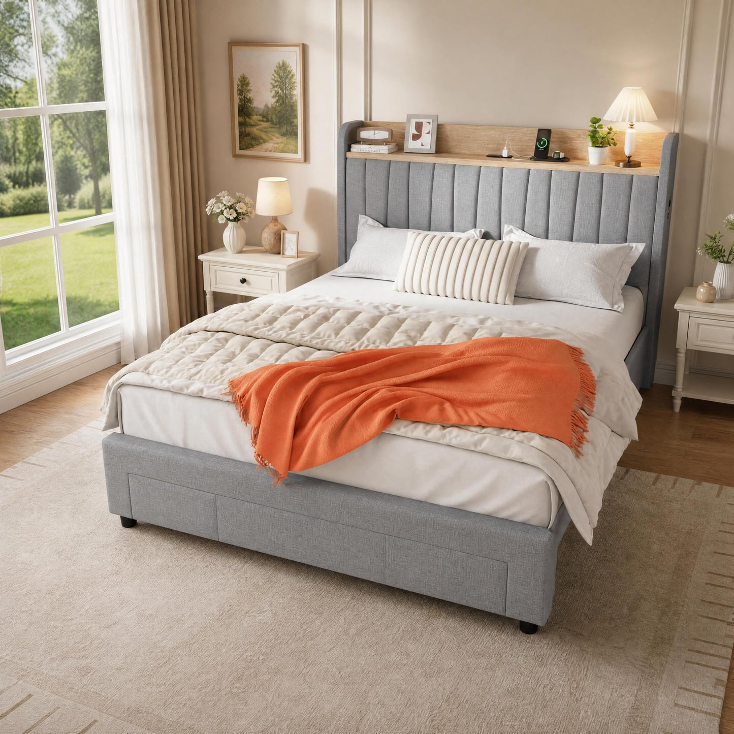 Garvee Queen Upholstered Platform Bed Frame with Storage Headboard, Drawers, Built-in Charging Station, Sturdy & Noise-Free, No Box Spring Needed, Easy Assembly, Grey