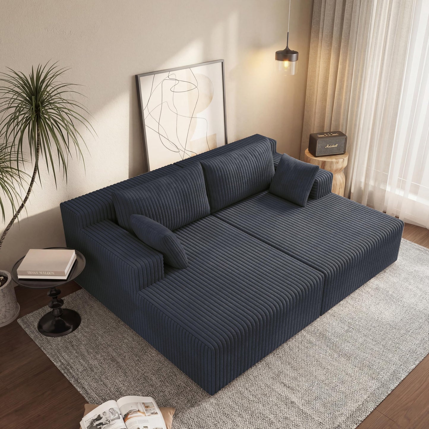71-Inch Fluffy Corduroy Boneless Sleeper Daybed Loveseat Double Recliner Chaise Lounge Sofa Couches, Floor Cloud Sofa Chaise W/4 Pillows for Home Apartment Living Room
