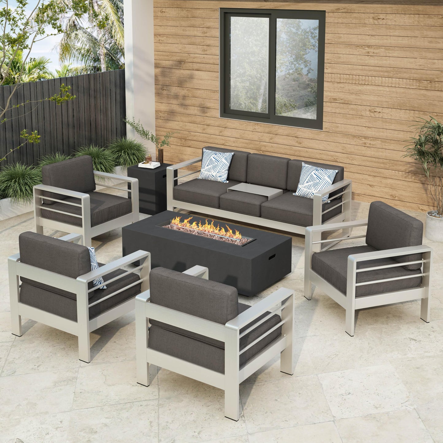 Christopher Knight Home Cape Coral Outdoor Set of Club Chairs with 3 Seater Loveseat and Firepit, 4-Pcs Set, Khaki / Dark Grey