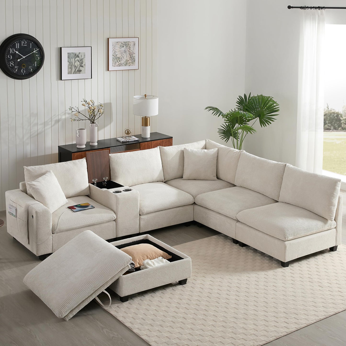 Merax 139'' Oversized Modular Sectional Sofa with Storage Ottoman and Console, Removable Storage Pockets, Cup Holder, Wide Seat, USB Charger, 6 Seat U Shaped Chenille Couch Set for Living Room, Beige