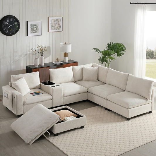 Merax 139'' Oversized Modular Sectional Sofa with Storage Ottoman and Console, Removable Storage Pockets, Cup Holder, Wide Seat, USB Charger, 6 Seat U Shaped Chenille Couch Set for Living Room, Beige